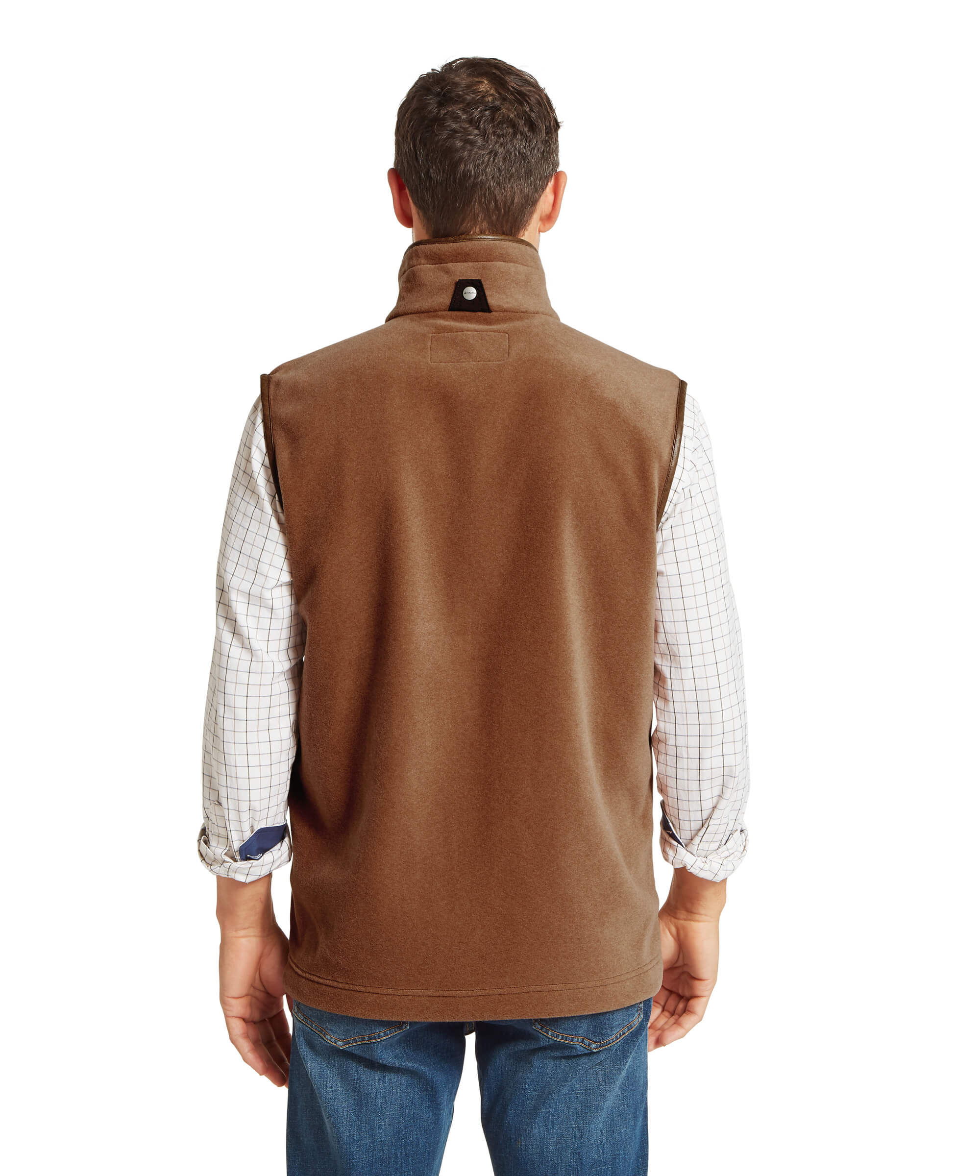 The back view of a man wearing a brown fleece gilet over a plaid shirt on a white background