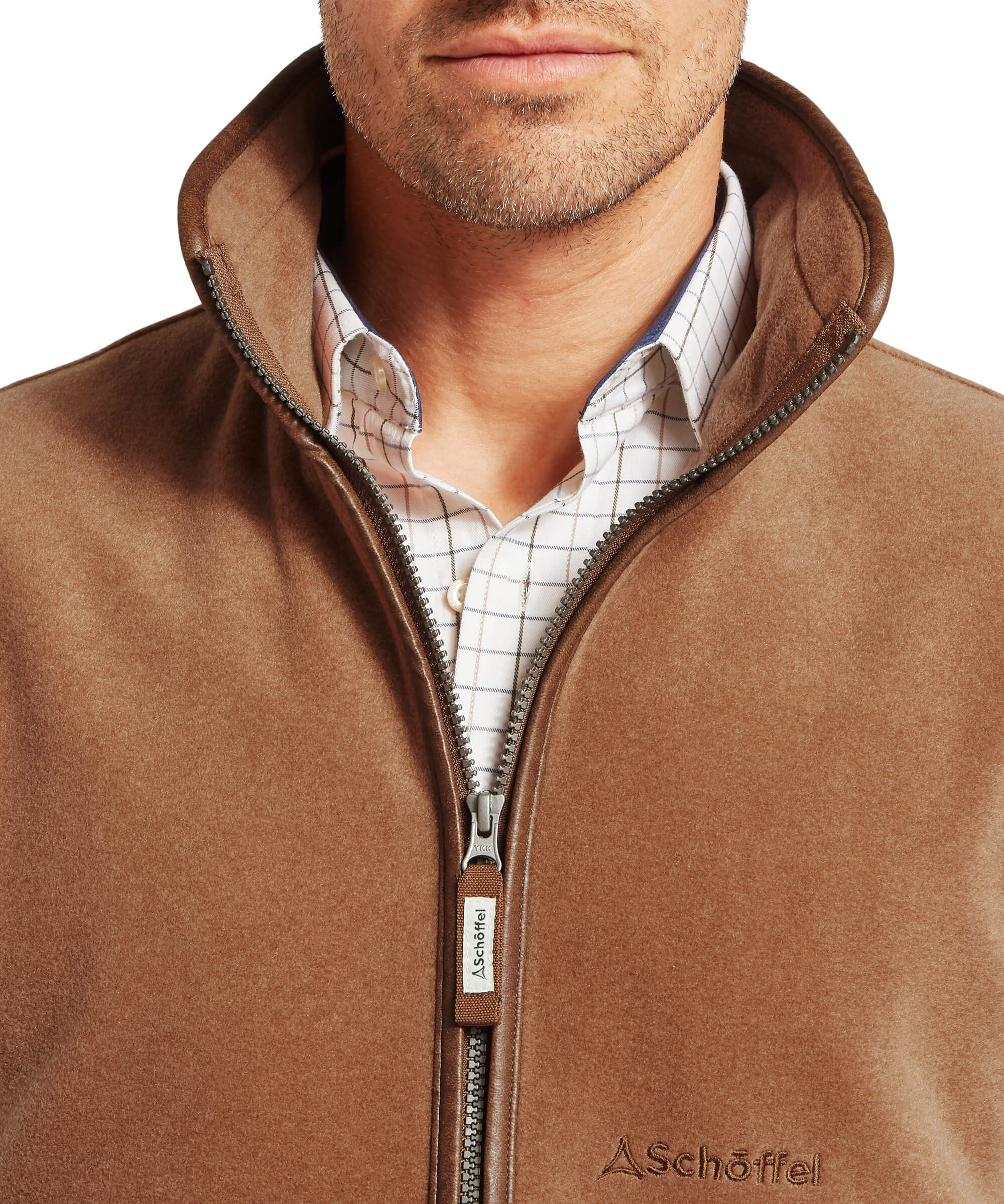 Brown fleece gilet with a Schoffel brand logo on a white background