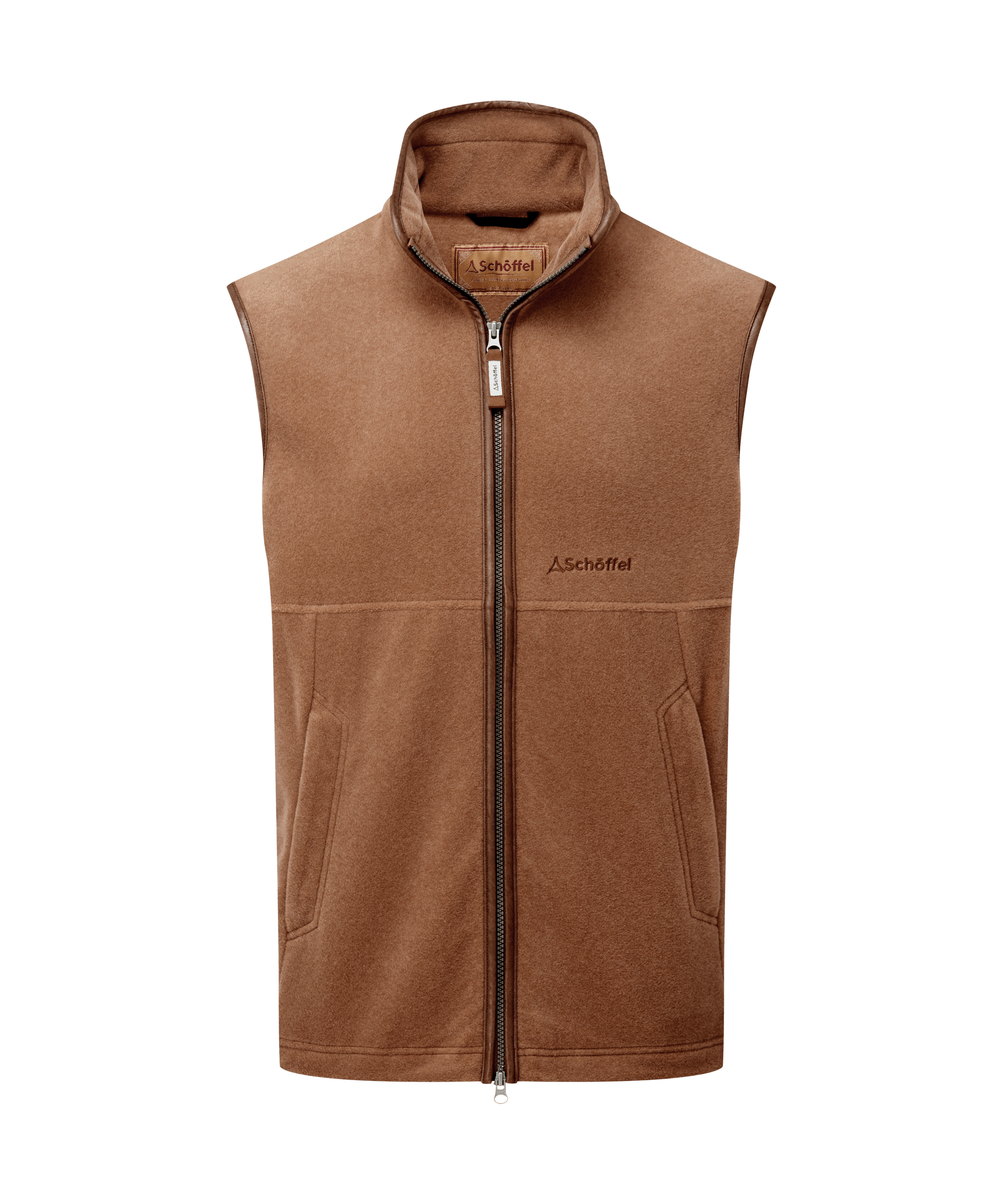 Brown fleece gilet with a Schoffel brand logo on a white background