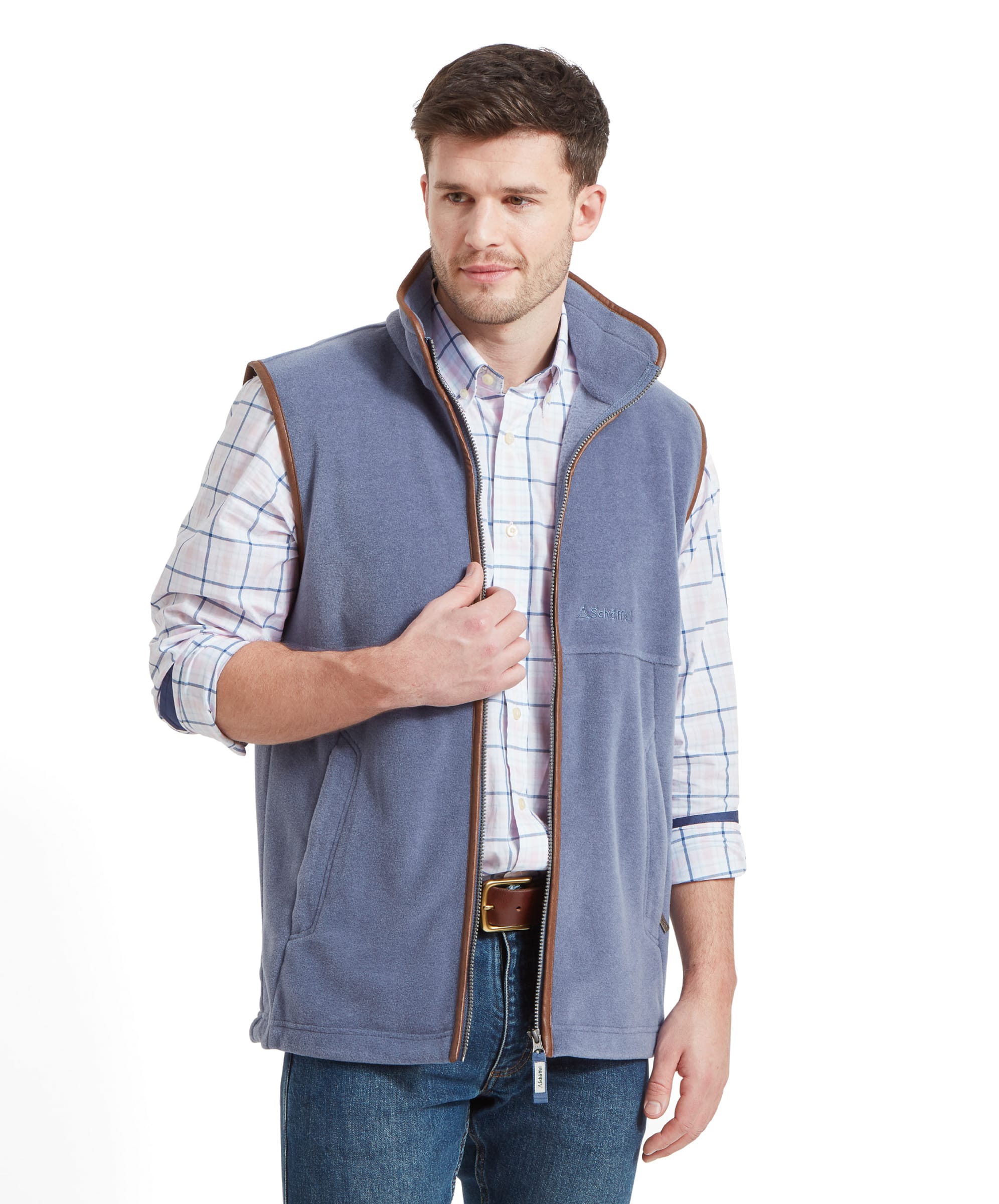 Mens fleece gilet with leather trim online