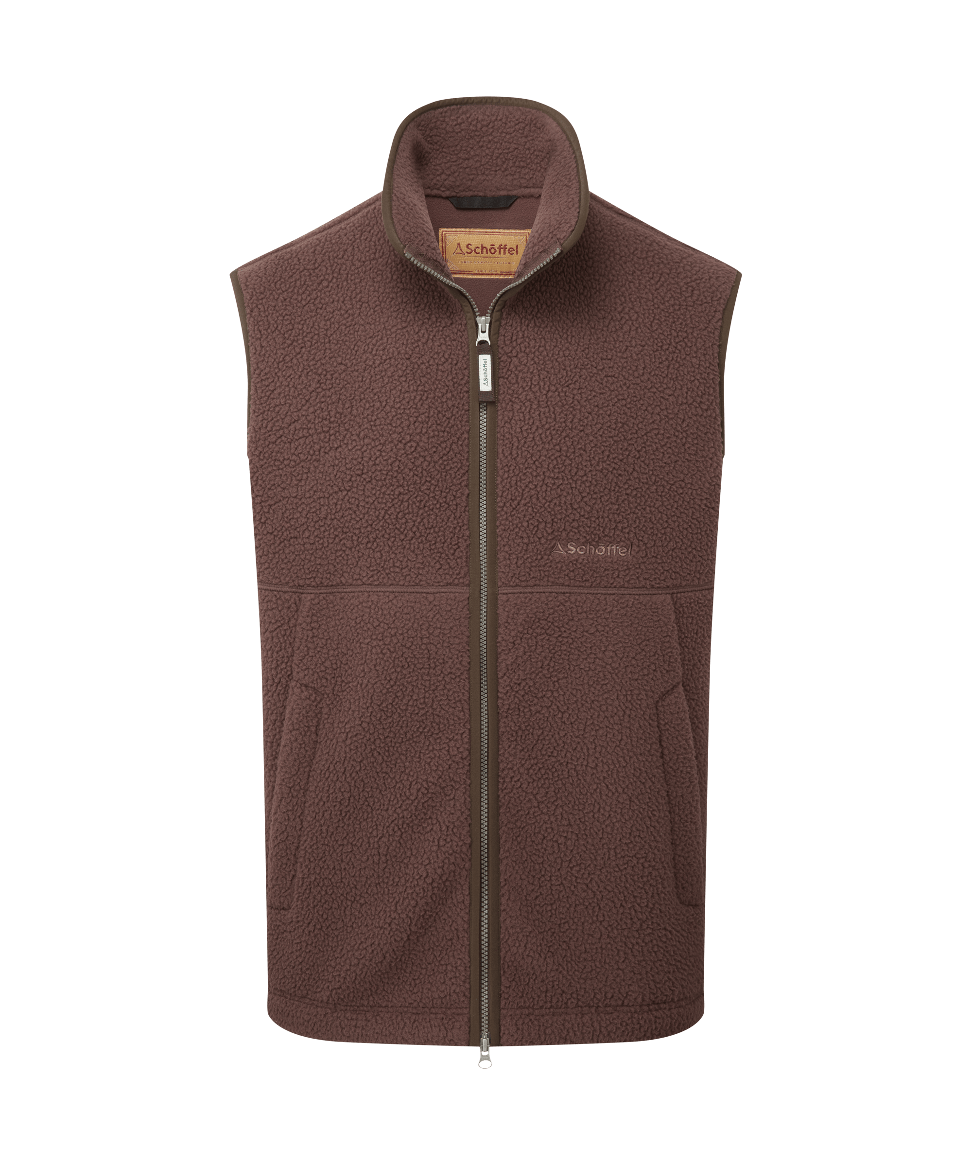 Schöffel men's zip-up textured fleece gilet in rich brown with front zip pockets and an embroidered logo detail