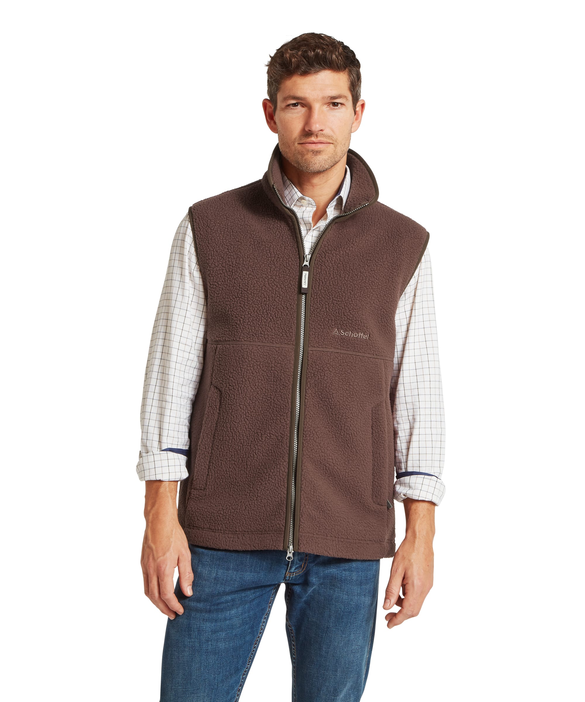 Schoffel Mens Oakham Retro Fleece Gilet in dark brown, front view showing full-length zip, Schoffel chest logo embroidery, large lower pockets and distinctive deep-pile textured sherpa fleece, worn over a check shirt