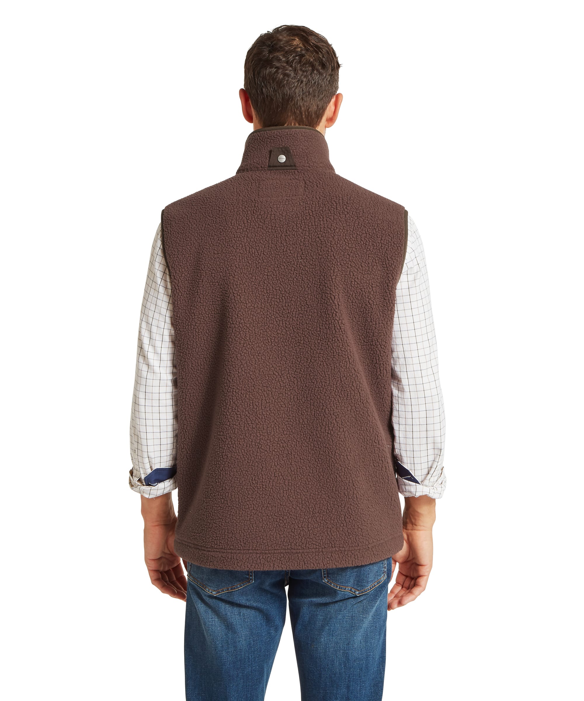 Schoffel Mens Oakham Retro Fleece Gilet in dark brown, rear view showing clean sleeveless construction with deep-pile sherpa fleece texture, contrast dark collar trim and Schoffel snap hanger loop at back neck