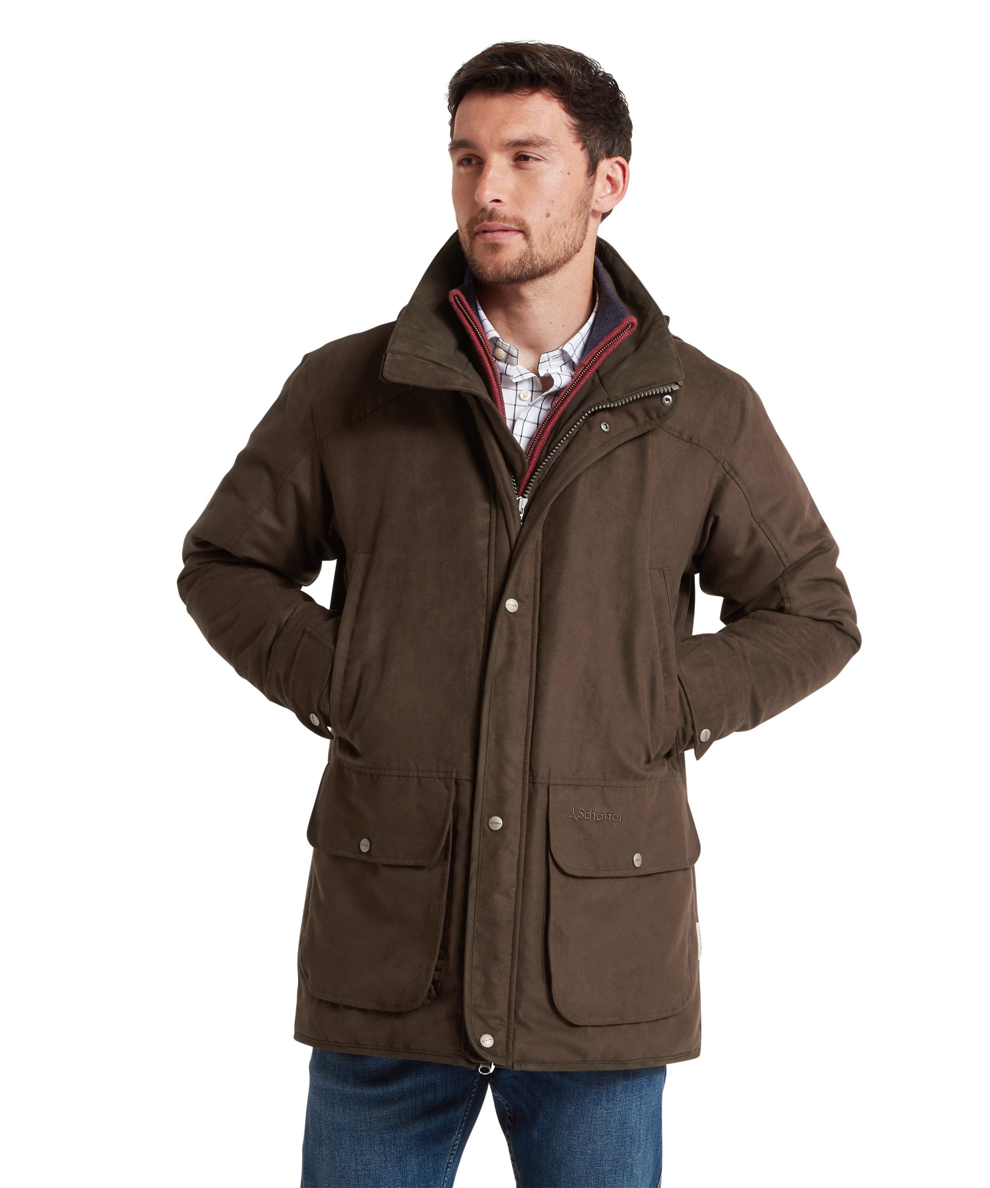 Man wearing a brown jacket on a white background
