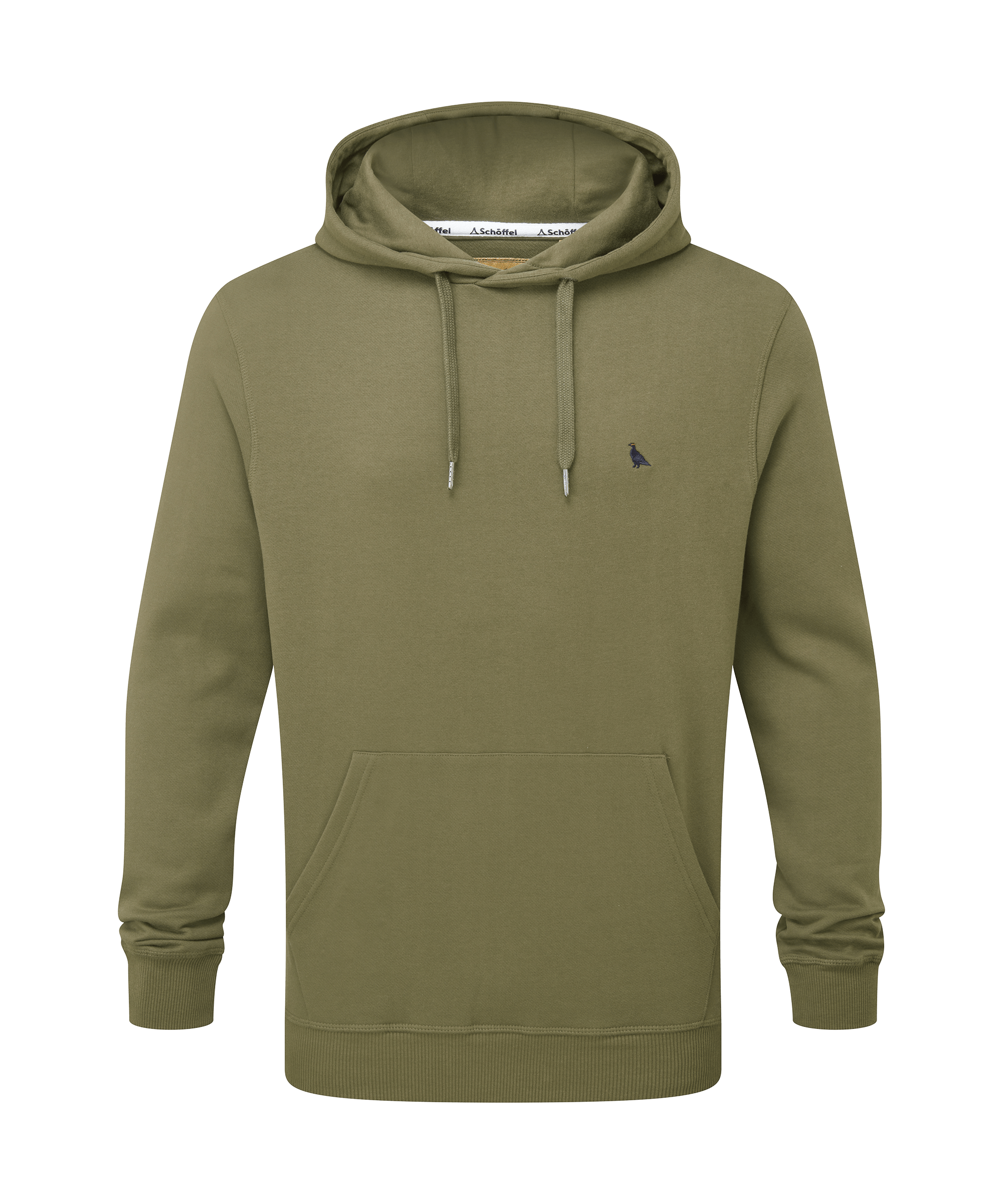 Schöffel men's pullover hoodie in olive green with a front kangaroo pocket, drawstring hood and embroidered logo detail