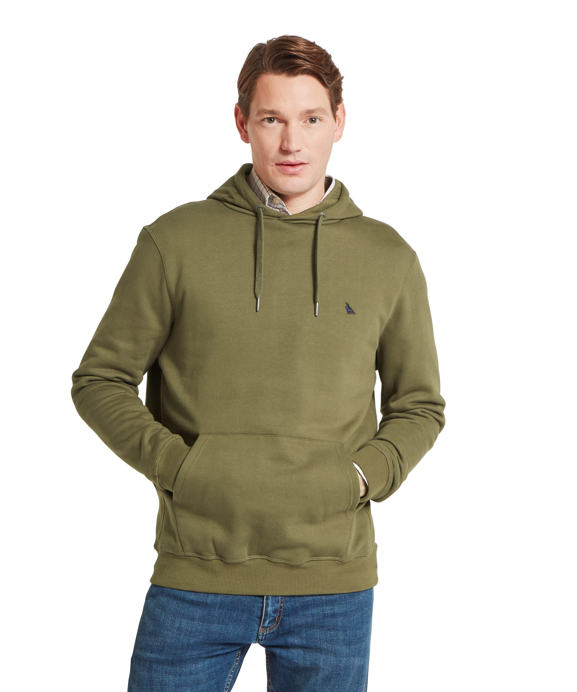Schoffel Mens Pentire Heritage Hoodie in olive green, front view showing drawstring hood with metal aglets, Schoffel pheasant chest logo embroidery, kangaroo pocket and relaxed fit, worn with blue jeans