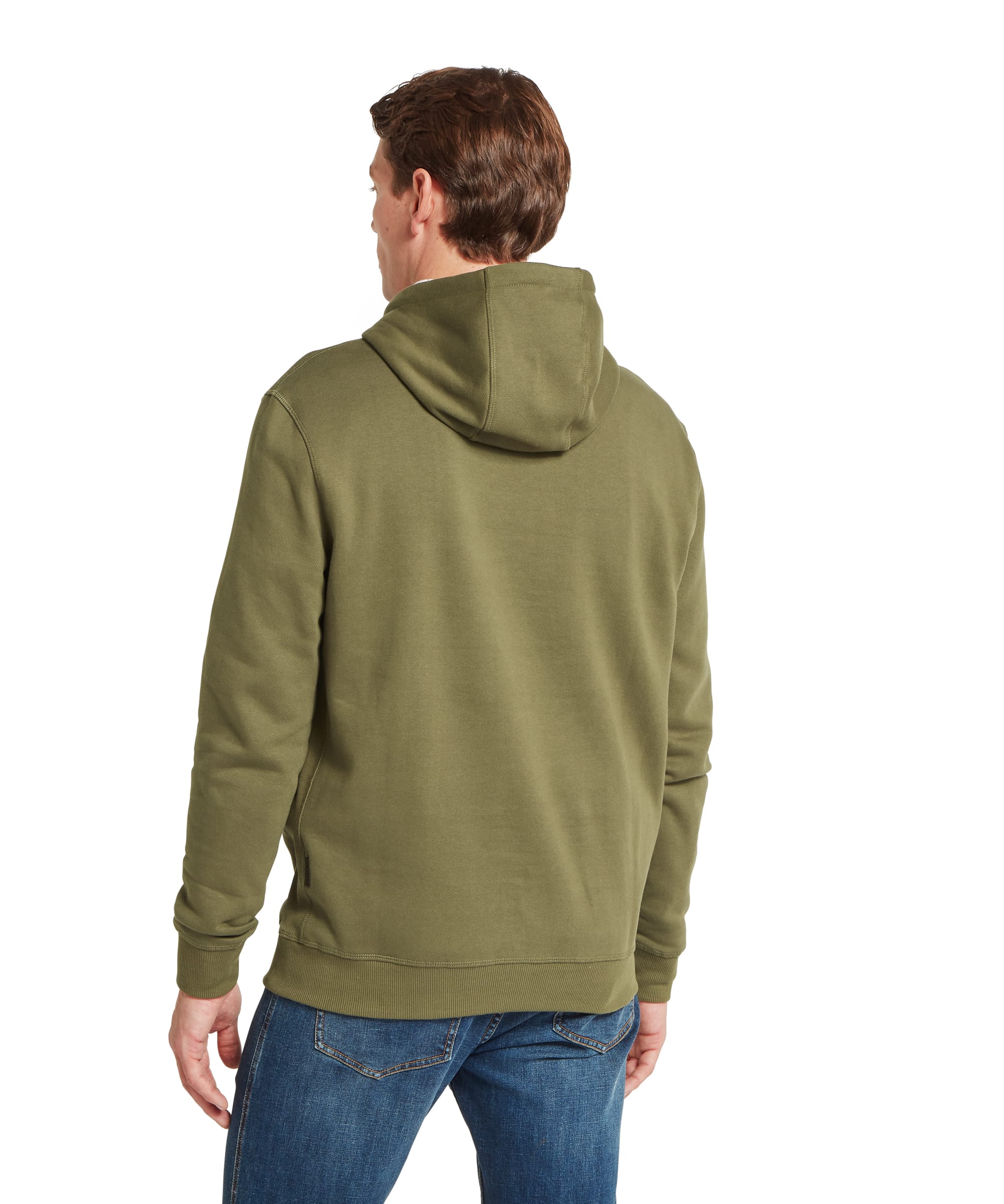 Schöffel Men's Pentire Heritage Hoodie in olive green — close-up of chest showing embroidered pheasant logo and drawstring hood with metal-tipped cords, worn over a checked shirt