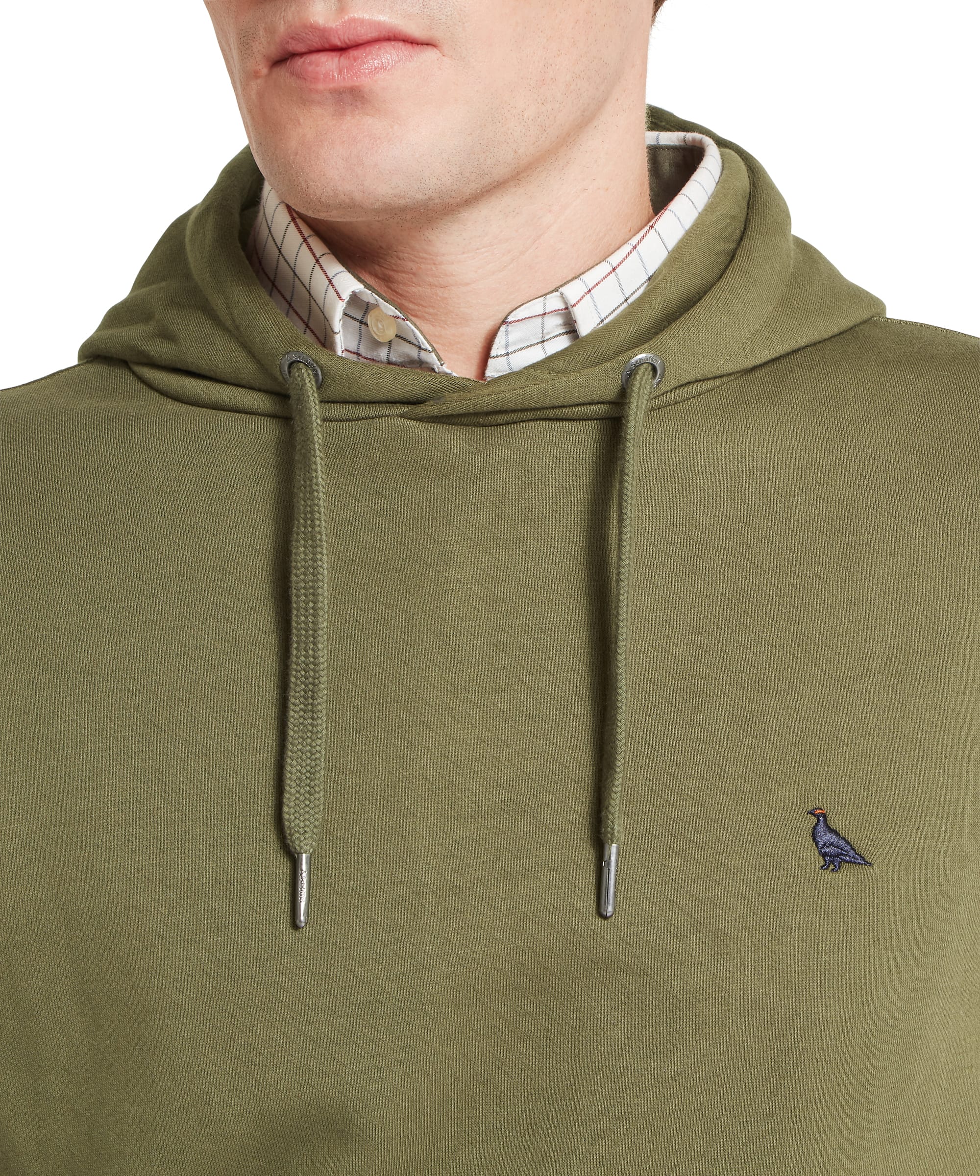 Schöffel Men's Pentire Heritage Hoodie in olive green — detail shot of ribbed hem, kangaroo pocket and elasticated cuffs with small woven Schöffel brand label at the side seam