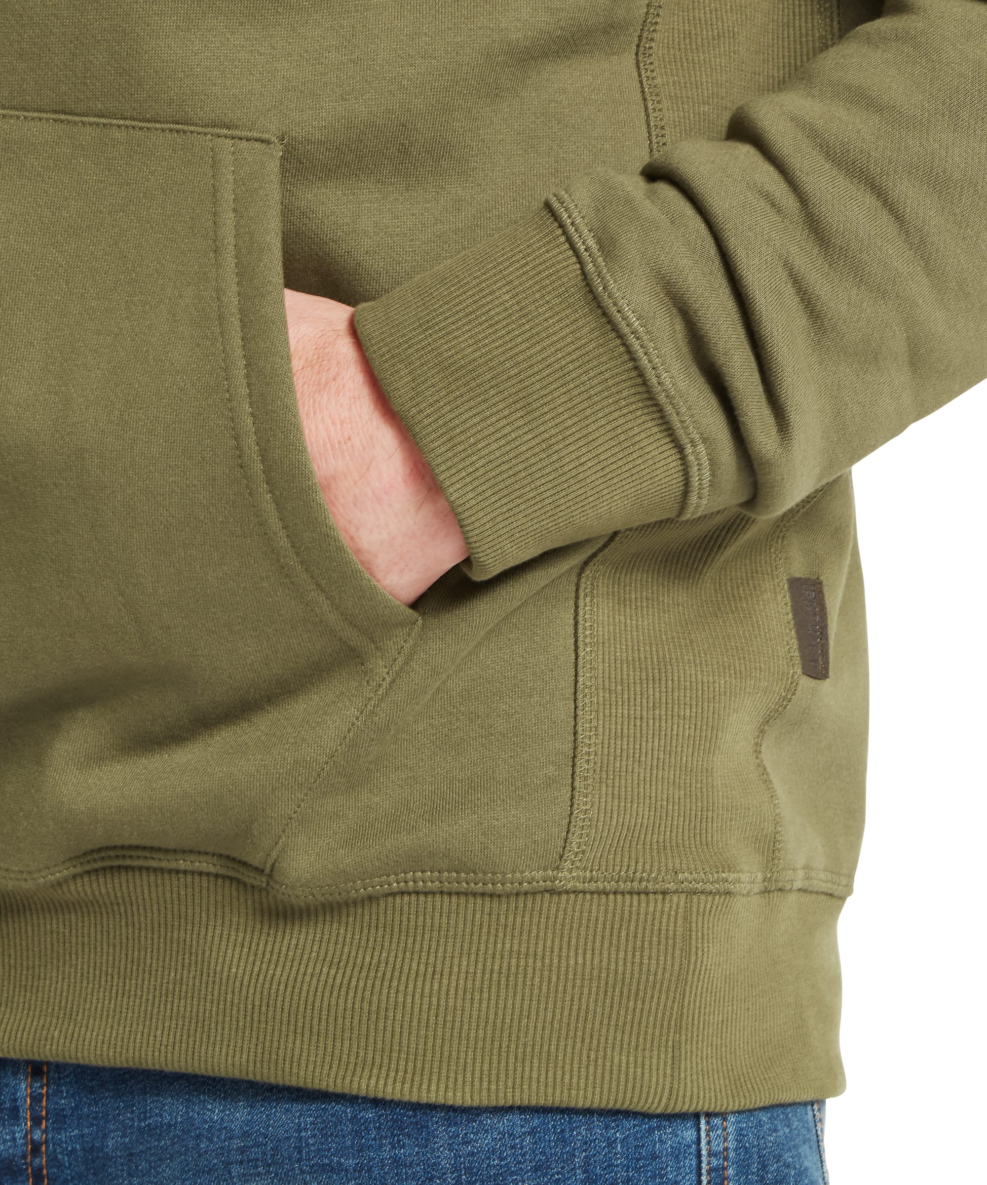Schöffel Men's Pentire Heritage Hoodie in olive green — rear view showing clean back panel, panelled hood and ribbed hem, worn with blue jeans