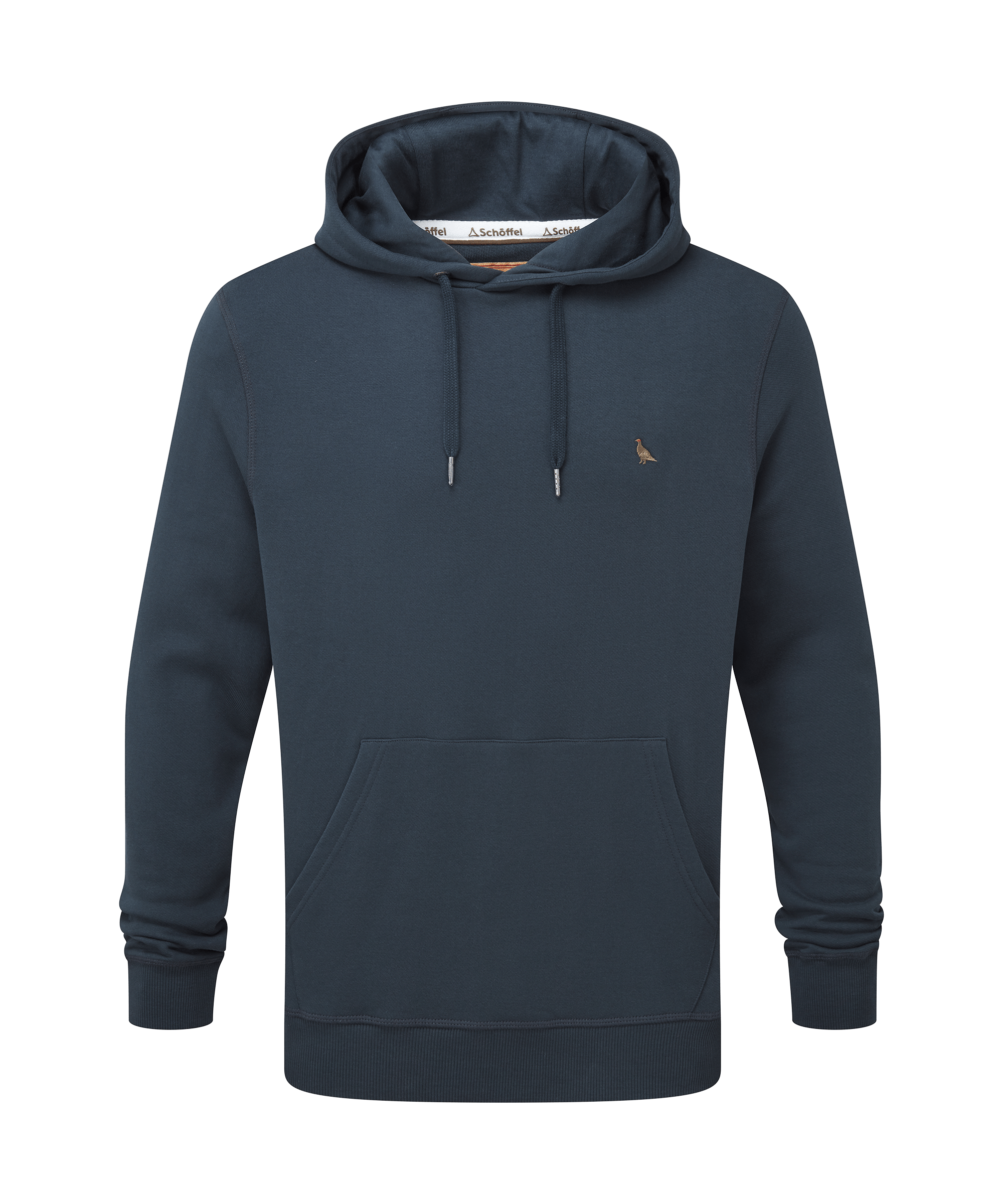 Schöffel men's pullover hoodie in navy with a drawstring hood, kangaroo pocket and embroidered logo detail
