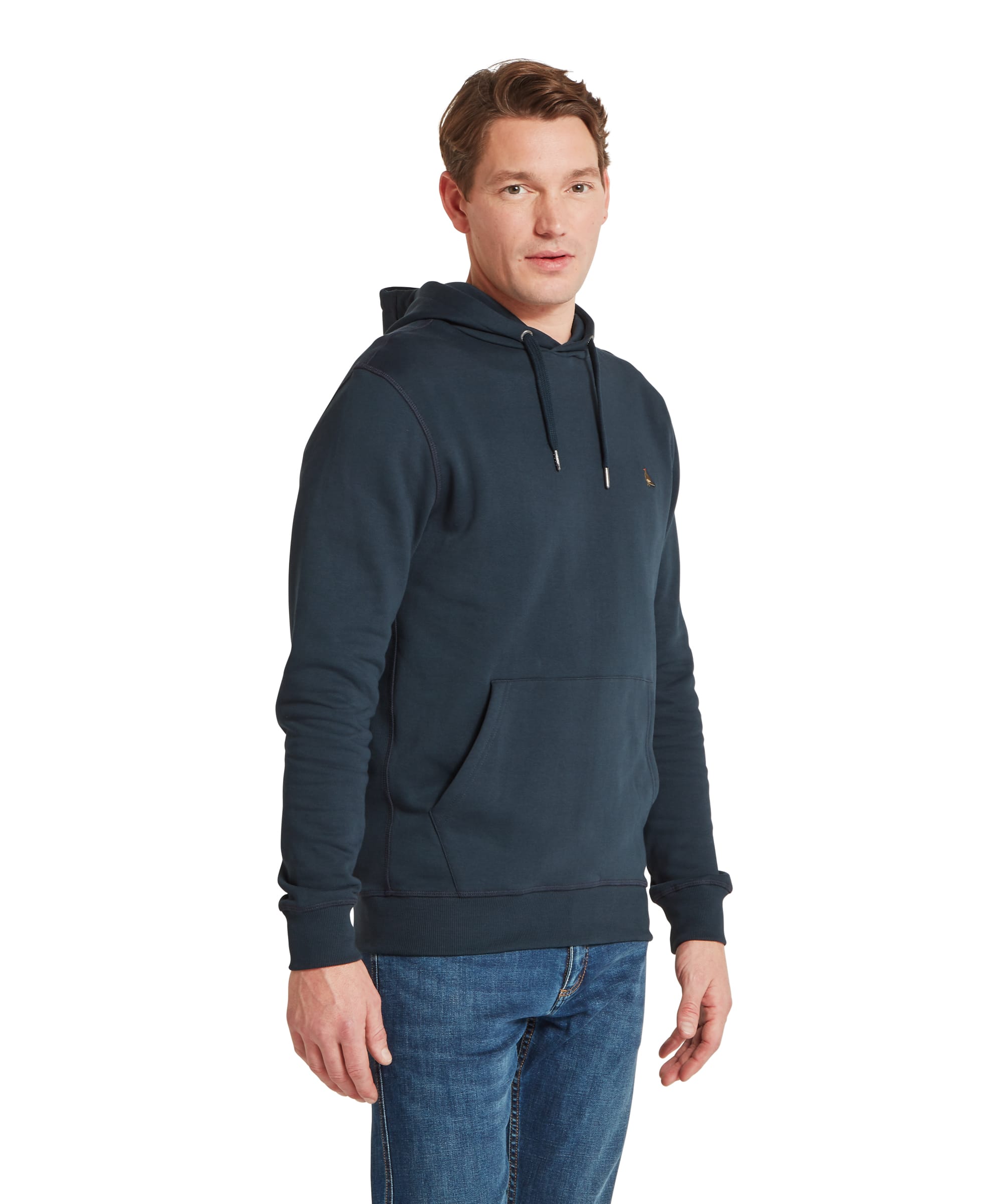 Schöffel Men's Pentire Heritage Hoodie in navy blue — close-up of chest detail showing embroidered pheasant logo and metal-tipped drawcord eyelets on the hood