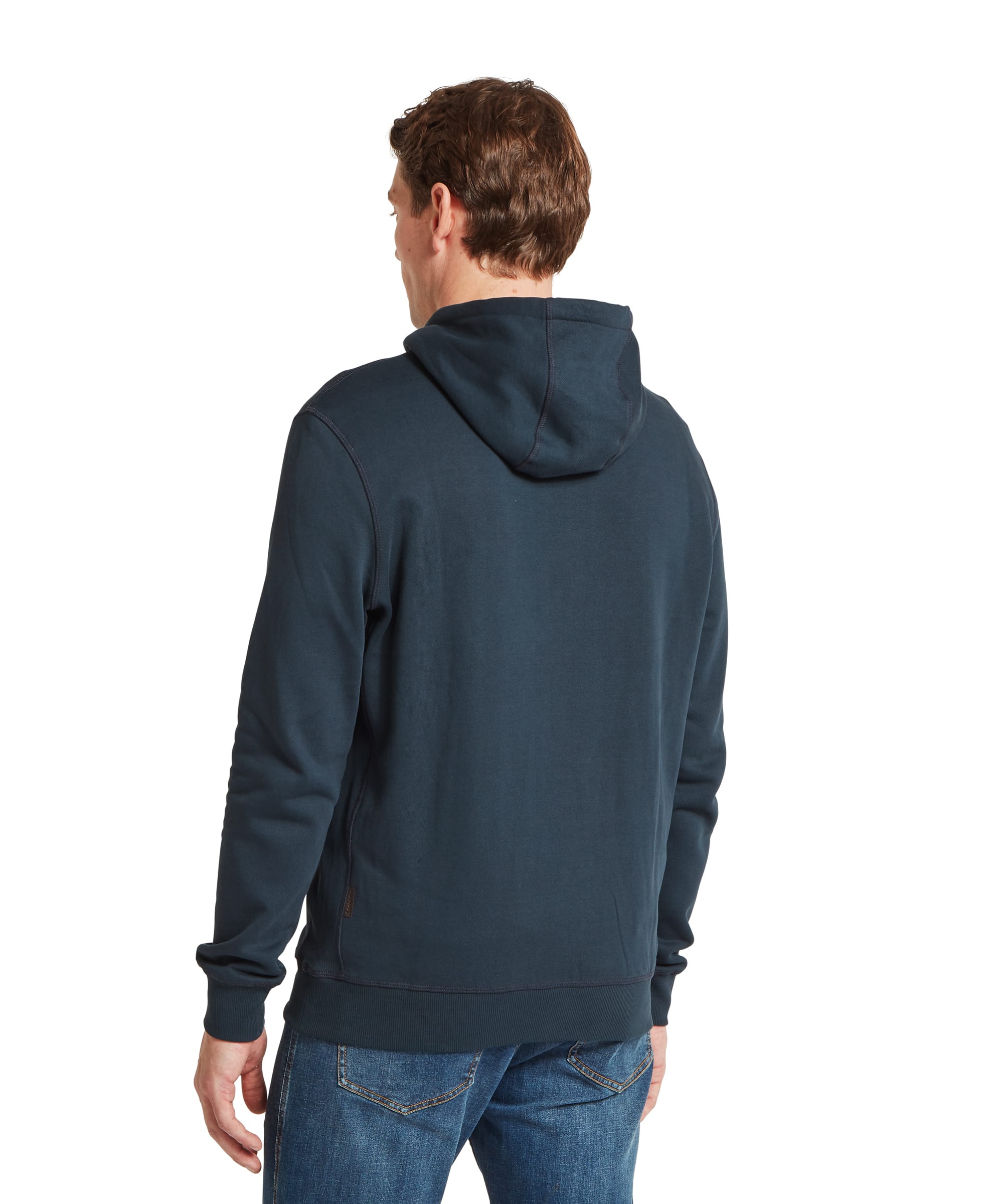 Schöffel Men's Pentire Heritage Hoodie in navy blue — detail of ribbed waistband, kangaroo pocket and ribbed cuffs with small Schöffel woven label at the side seam
