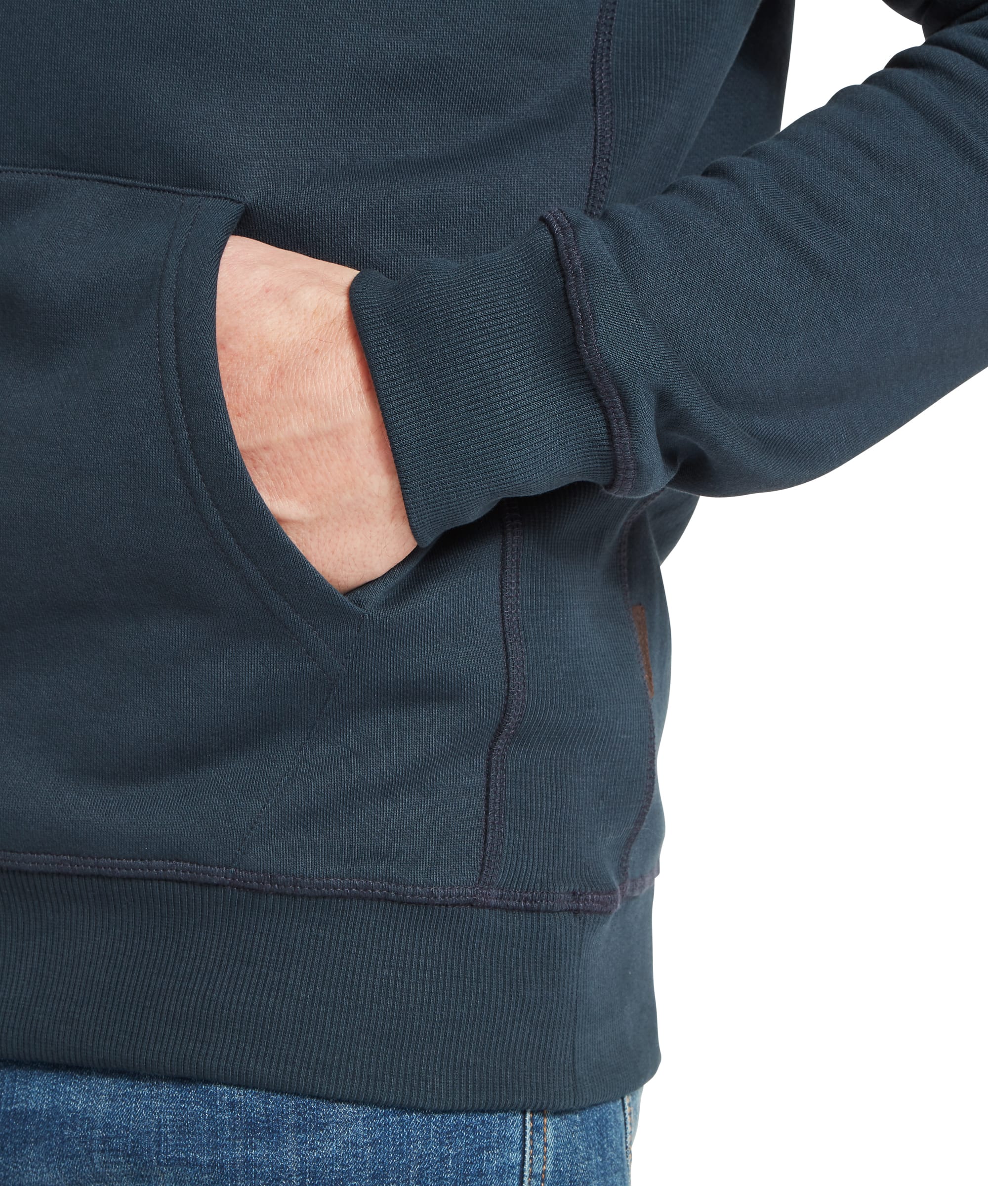 Schöffel Men's Pentire Heritage Hoodie in navy blue — rear view showing clean back, panelled hood and ribbed hem, styled with blue jeans