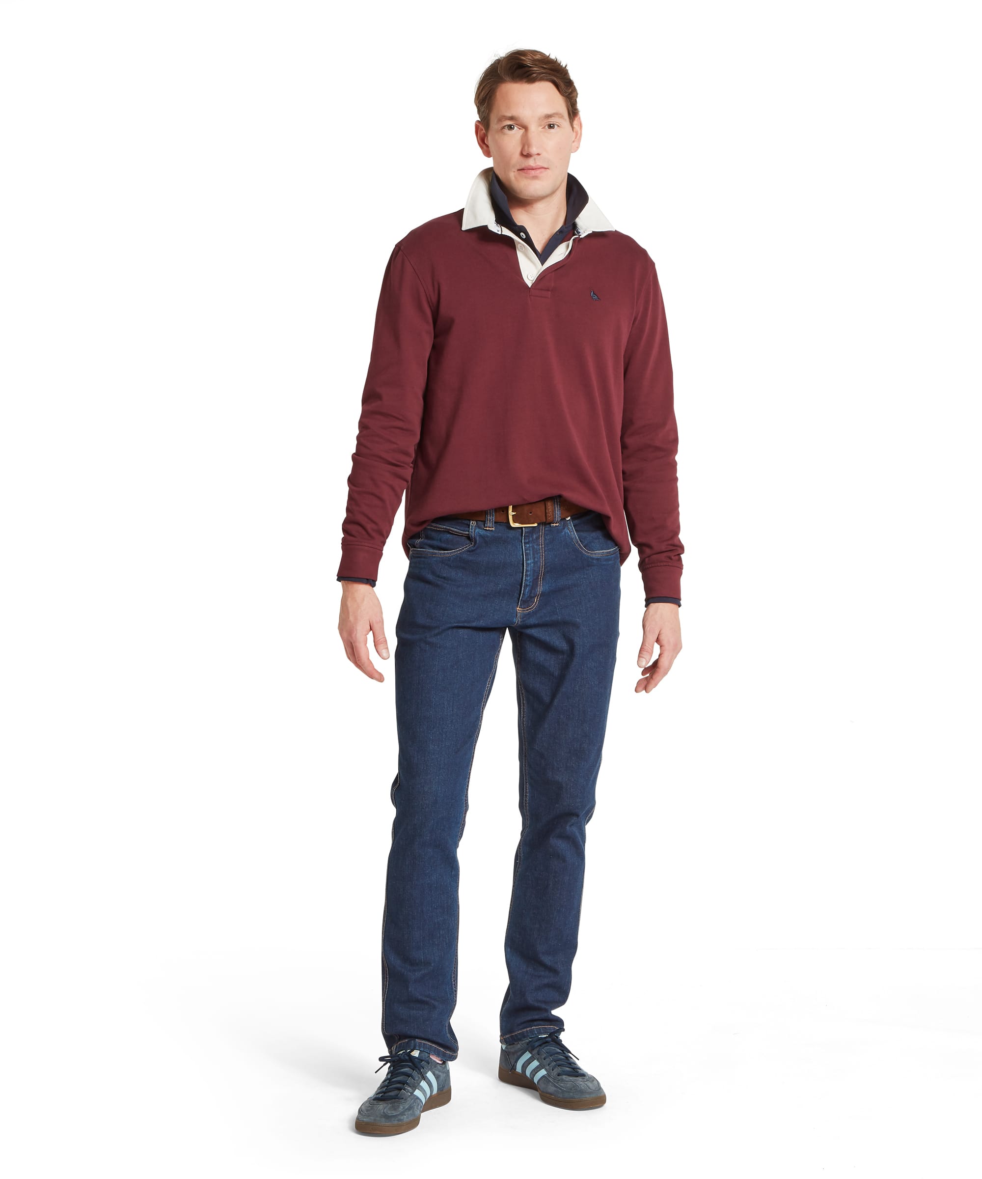 Schöffel Men's Porthallow Rugby Shirt in burgundy red — close-up of the contrast two-tone cream and navy collar with button placket and embroidered pheasant chest logo