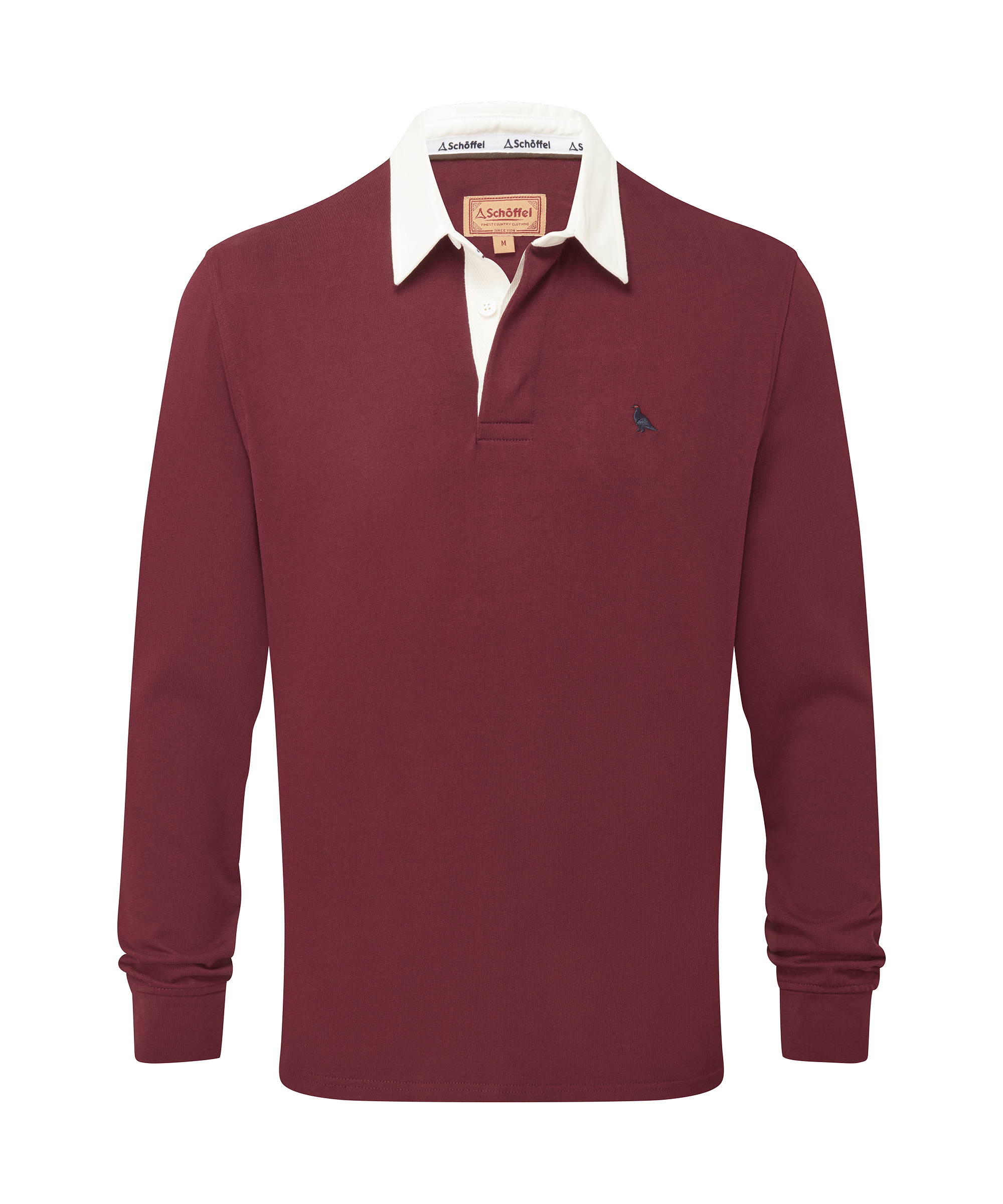Schöffel men's long-sleeve rugby shirt in deep red with a white collar, button placket and embroidered logo detail