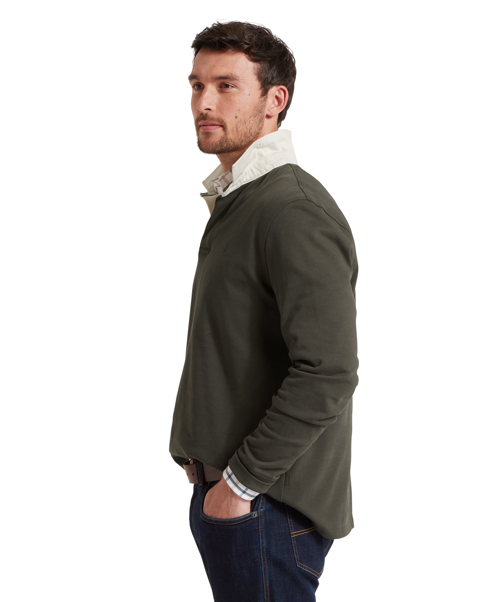 Man wearing a green sweatshirt with a white collar on a white background