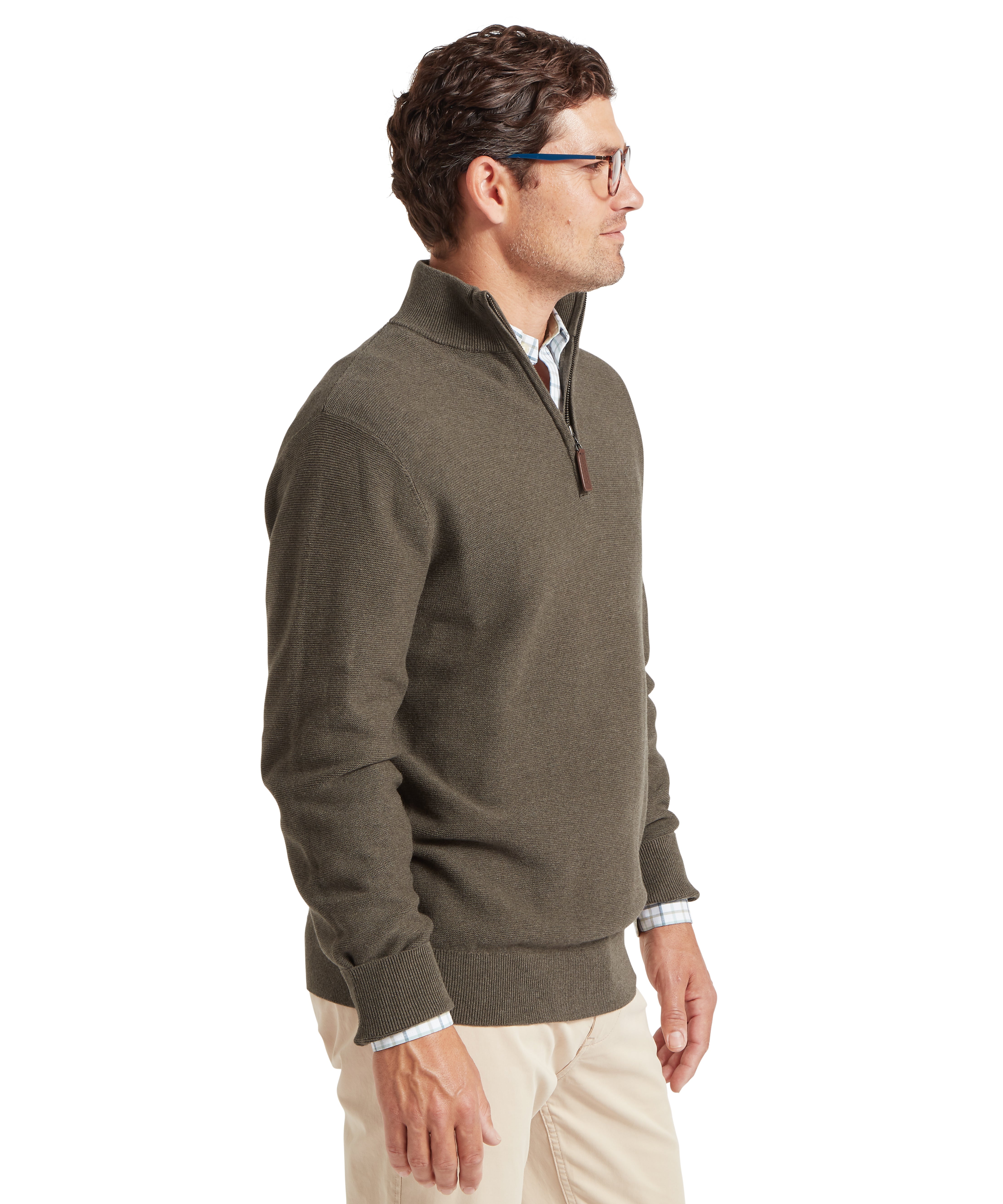 Man wearing a green quarter zip jumper facing sideways against a white background