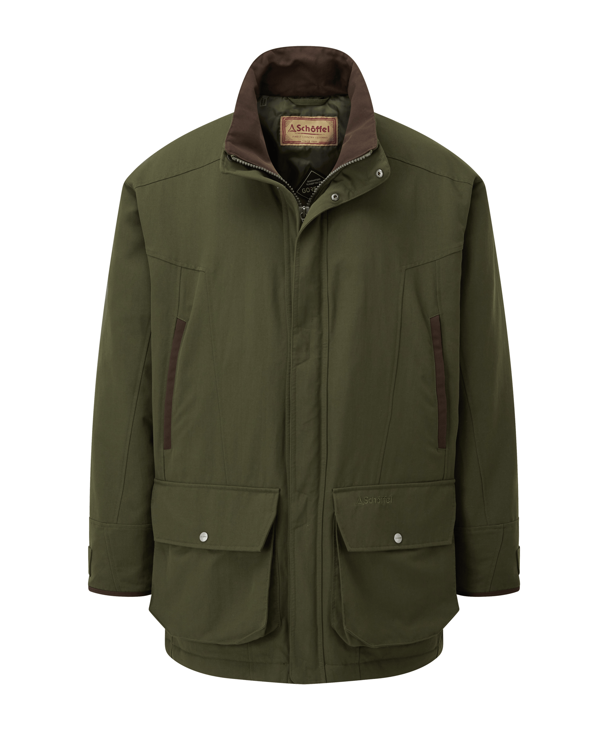 Schöffel men's zip-up country jacket in olive green with a brown fleece-lined collar, chest and flap pockets and branded patch label