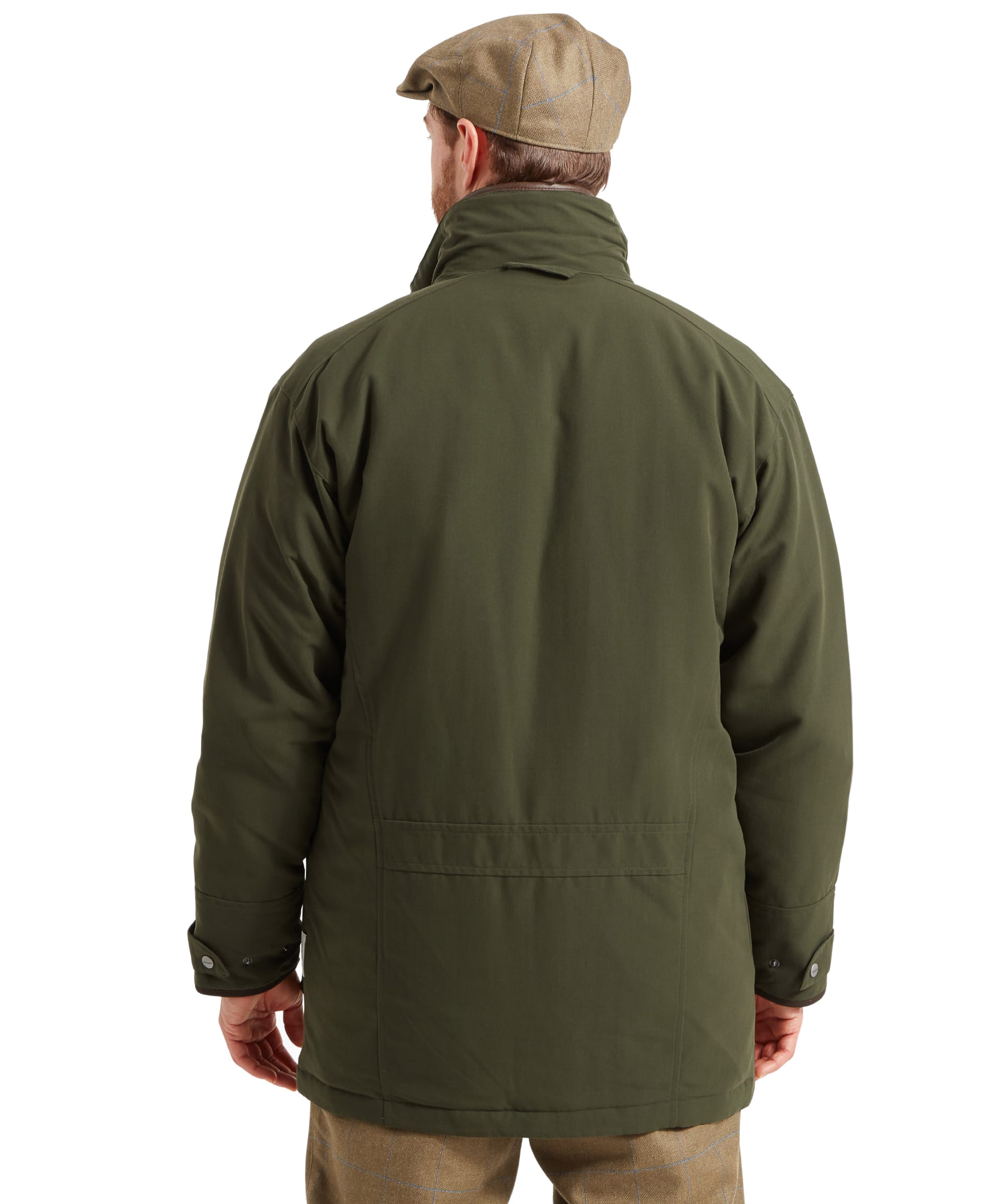 Schöffel Men's Ptarmigan Classic Coat in dark olive green — full-length front view with coat open to reveal layering gilet, checked shirt and red tie, worn with tweed plus-twos and Le Chameau wellington boots