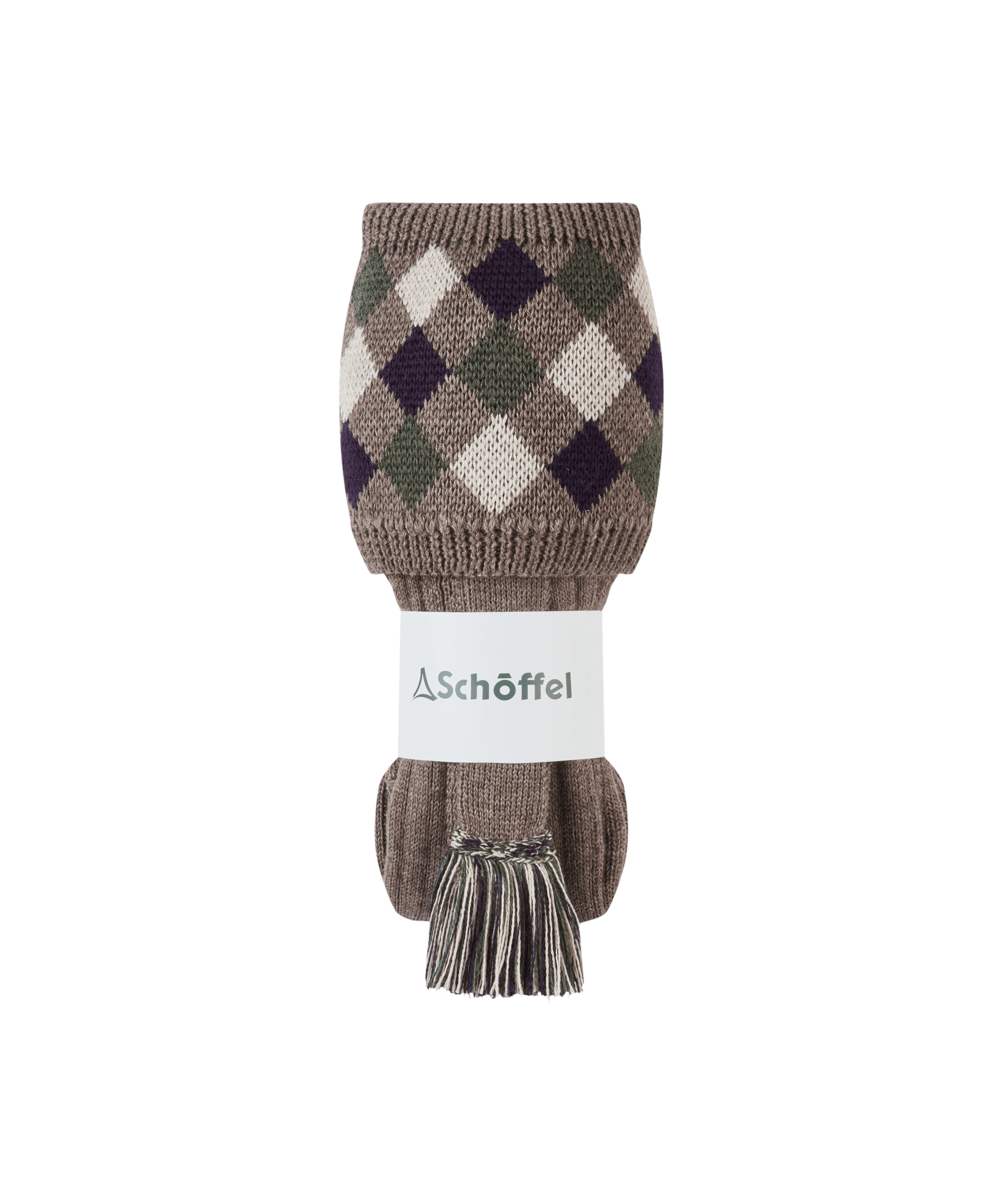 Knitted shooting socks with a checkered pattern and tassel on a white background