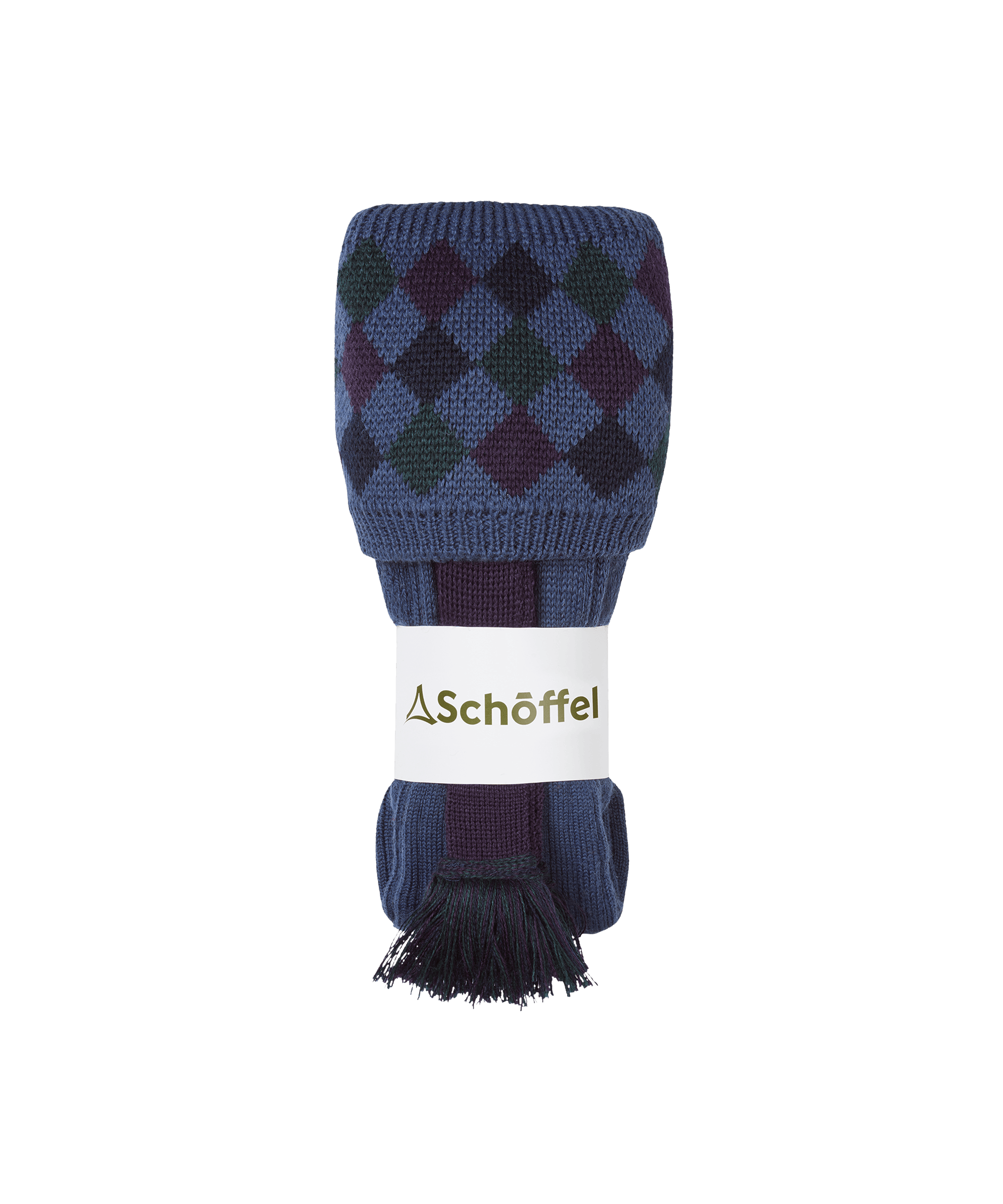 Navy blue argyle patterned sock with brand label on a white background