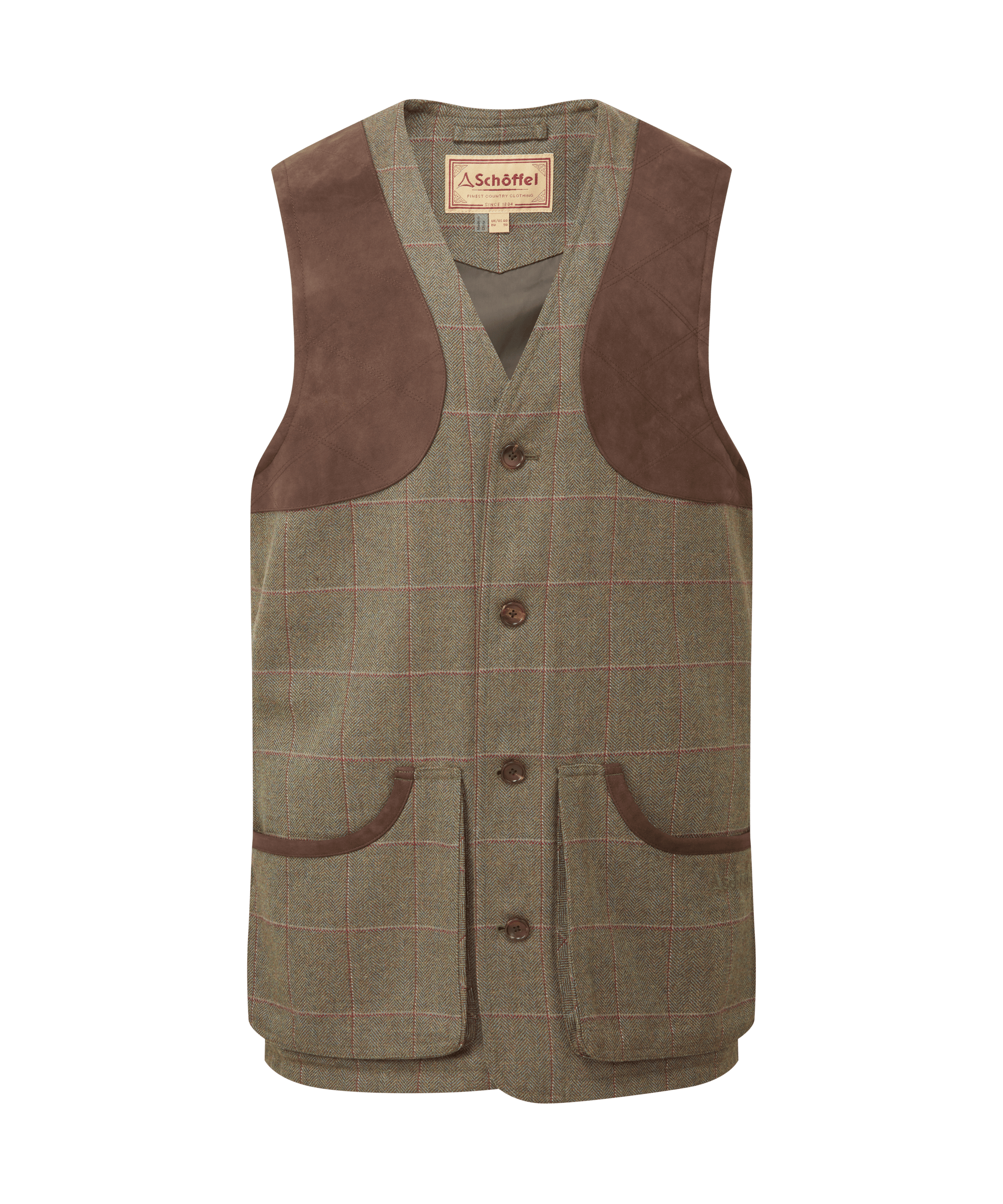 Schöffel men's country shooting waistcoat in light brown tweed with a suede shoulder patch, leather-trimmed flap pockets and button front