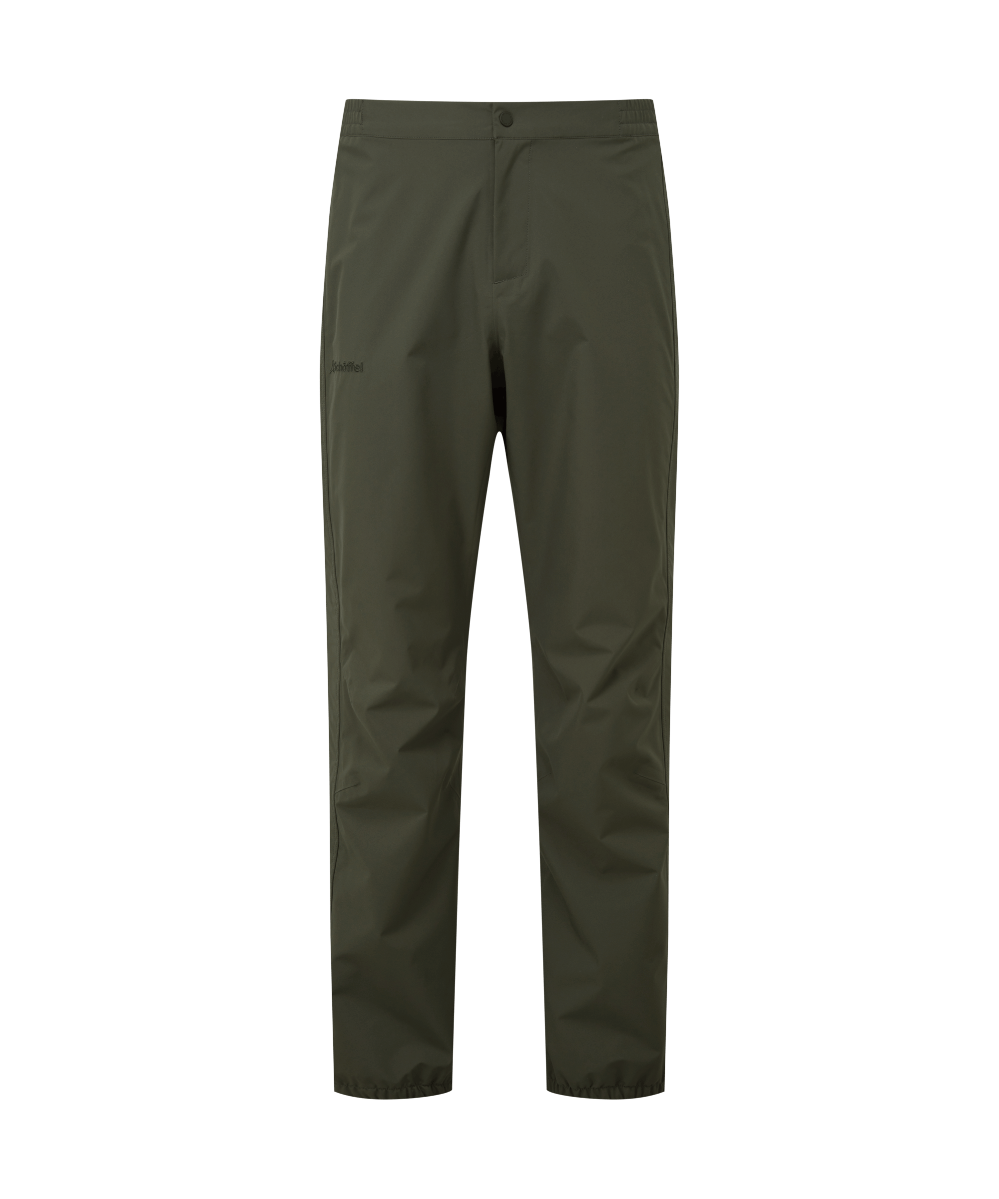 Schöffel Men's Saxby Overtrousers in green – front view on transparent background, showing elasticated waistband with popper and zip fly, side seam pocket, articulated knee, and elasticated ankle cuffs