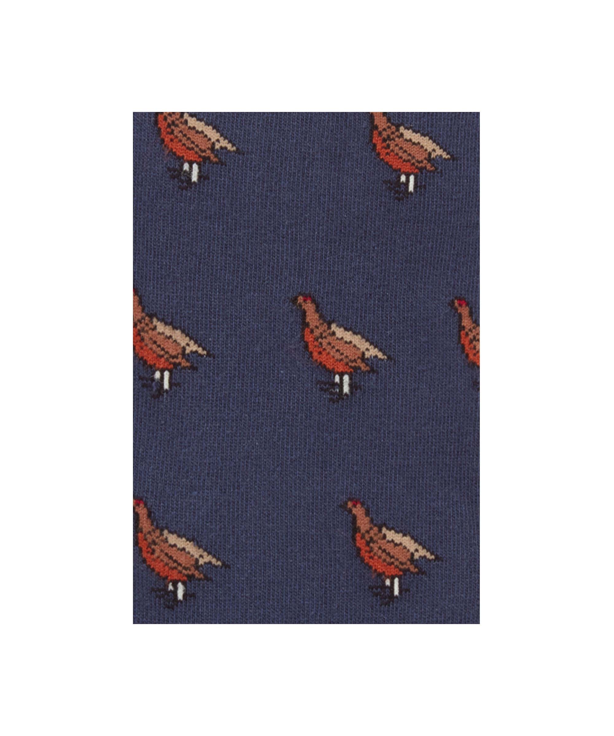 Schöffel Men's Single Cotton Socks in Navy with pointer gun dog pattern close-up detail.