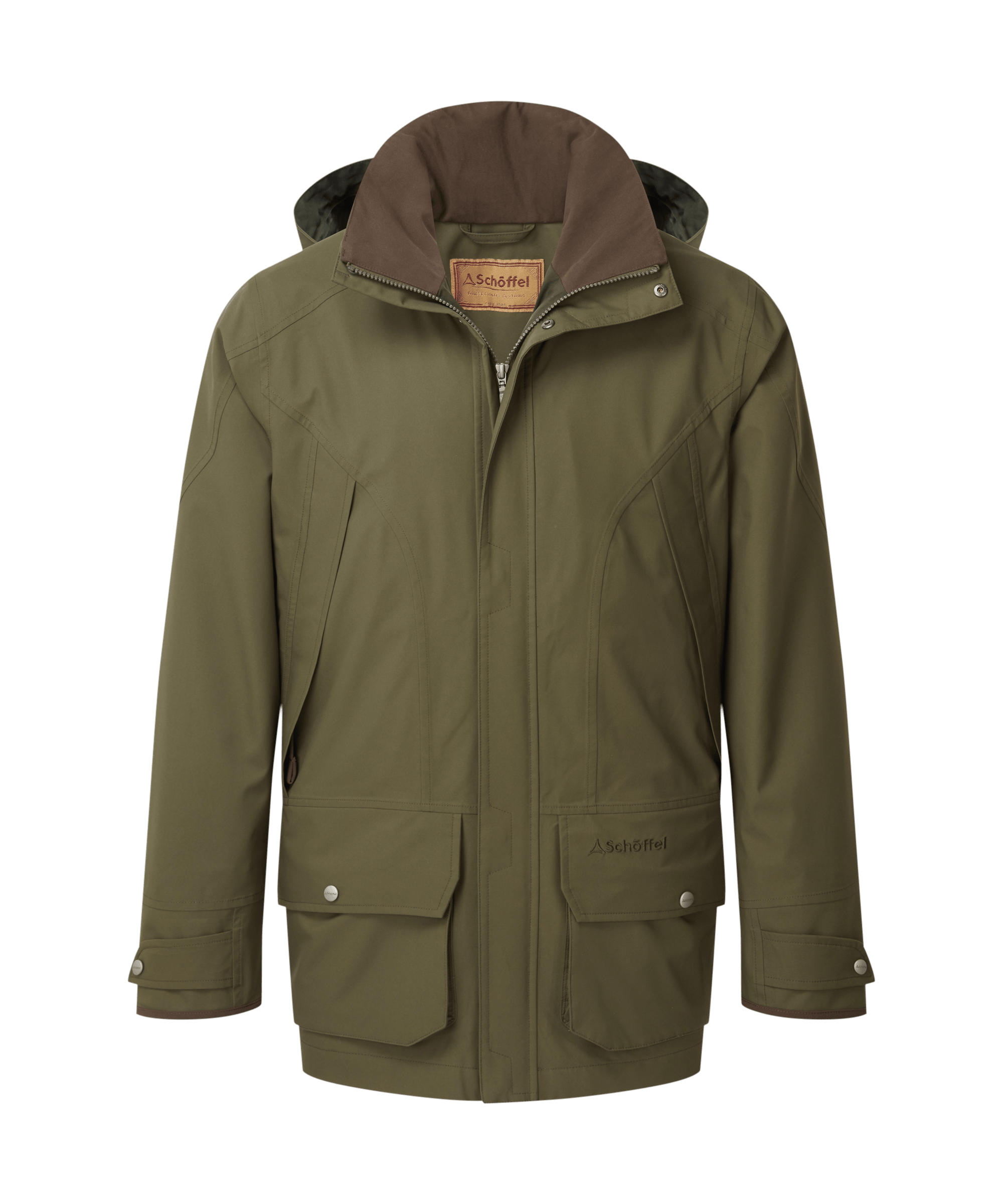 Schöffel men's zip-up waterproof field jacket in olive green with a fleece-lined collar, large flap pockets and snap button details
