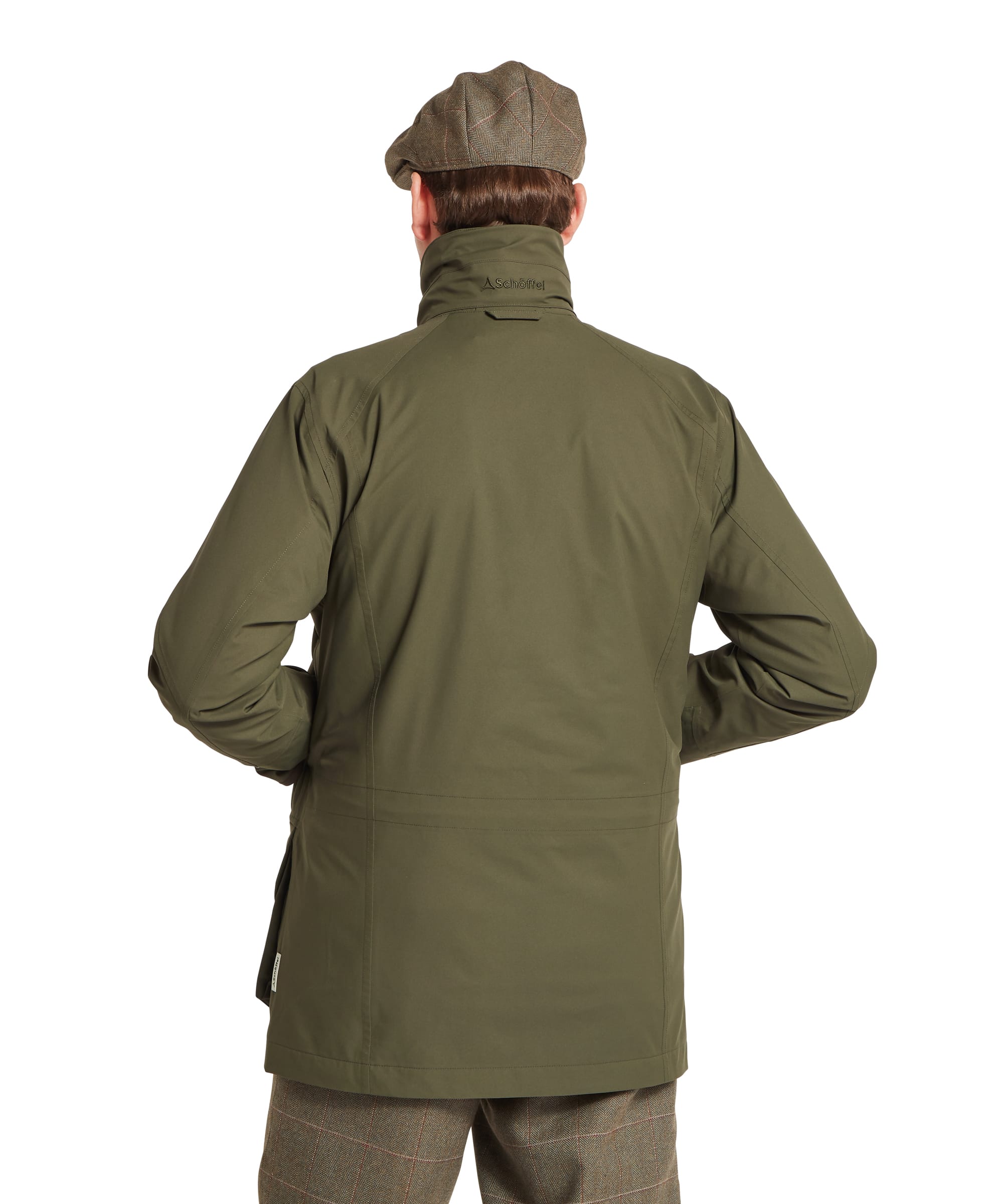 Schöffel Men's Snipe Ultralight Coat in dark olive green — rear view showing Schöffel embroidered logo at the nape, stowed hood panel, elasticated back waist adjustment and articulated sleeve seams, worn with tweed plus twos and a tweed flat cap