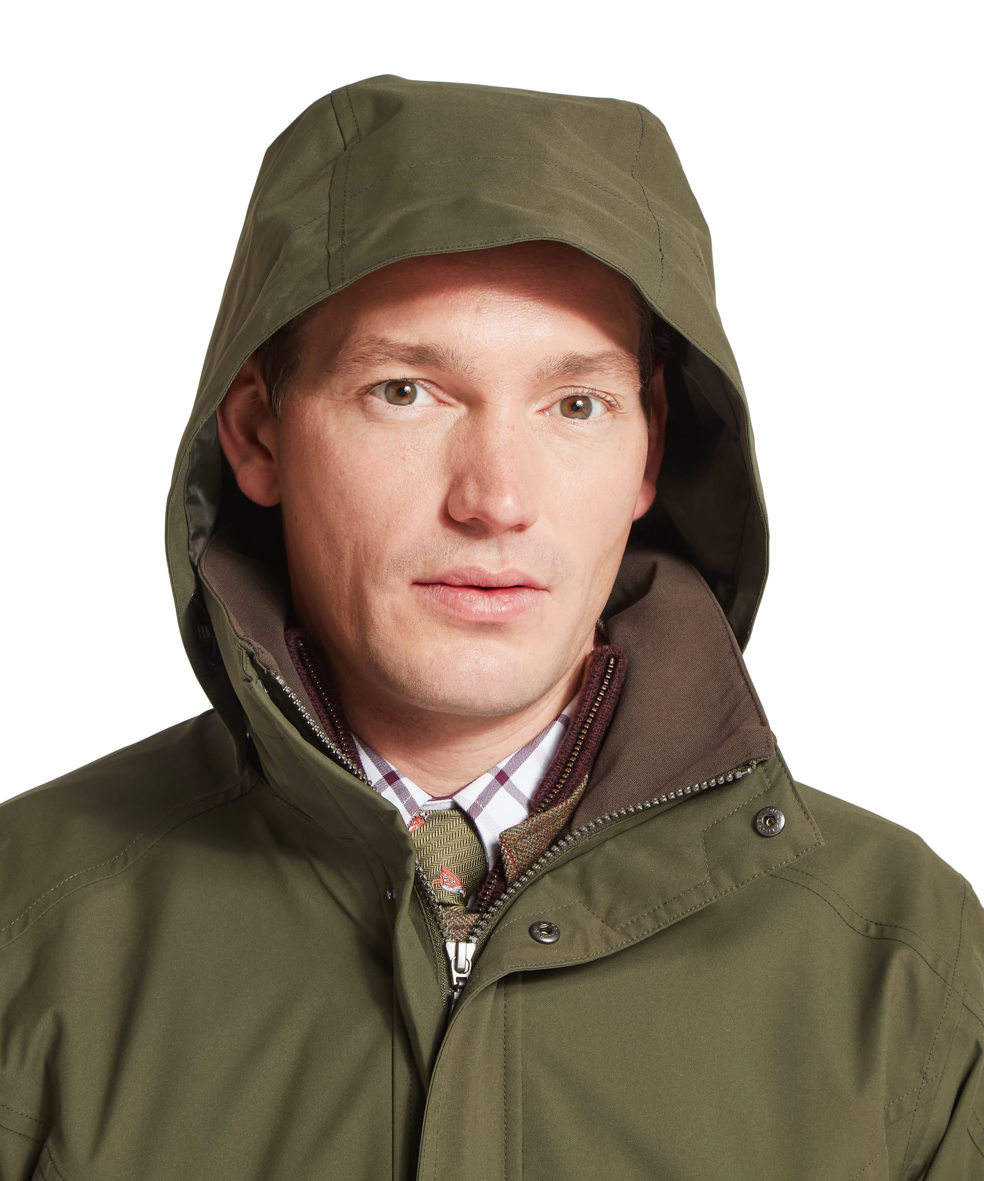 Schöffel Men's Snipe Ultralight Coat in dark olive green — close-up of back nape detail showing Schöffel embroidered logo, stowed hood zip-in compartment and top of the back panel seaming