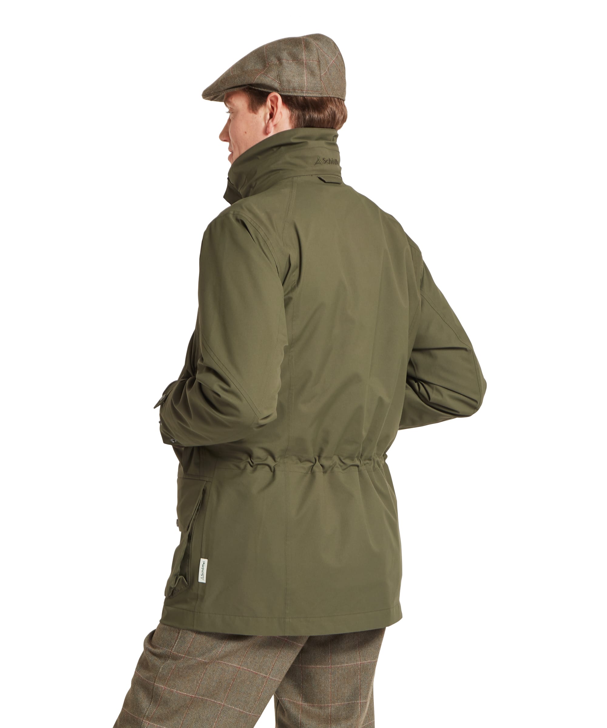 Schöffel Men's Snipe Ultralight Coat in dark olive green — close-up portrait of the deployed stowaway hood with structured brim, shown on the model's head, revealing the stand collar and zip fastening with press-stud storm guard beneath