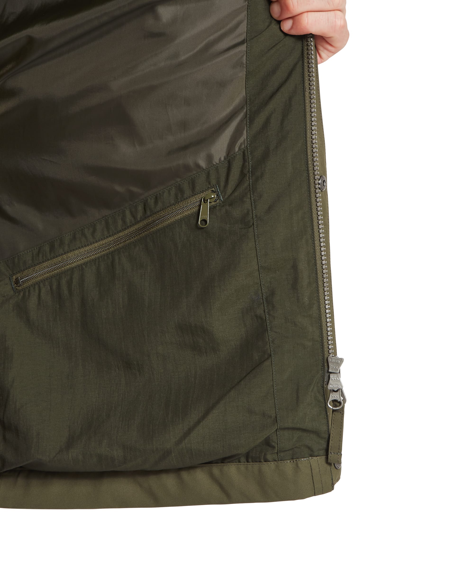 Schöffel Men's Snipe Ultralight Coat in dark olive green — interior detail showing the lightweight ripstop lining, zipped internal security pocket and full-length side hem zip, coat held open to reveal the packable construction