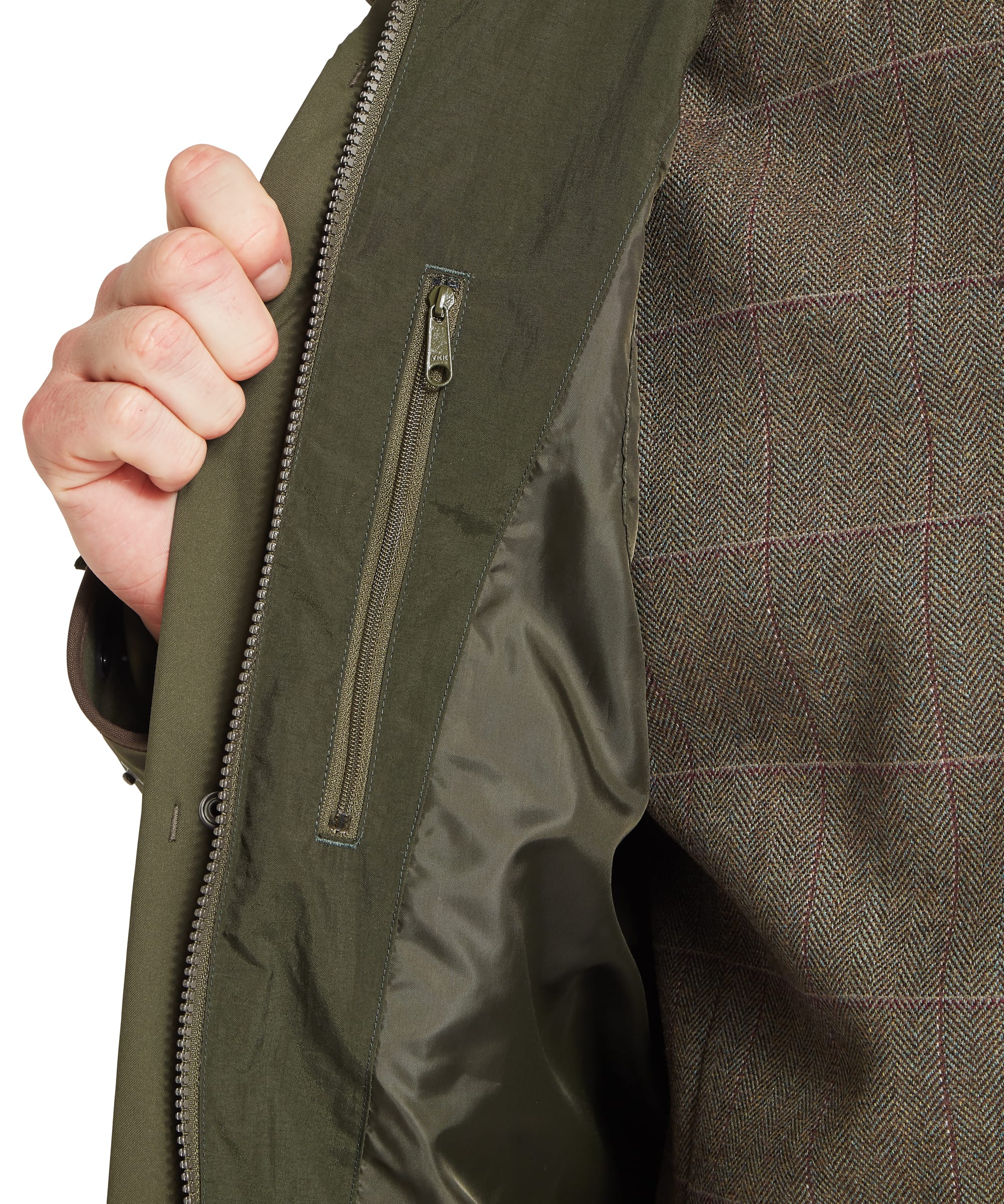 Schöffel Men's Snipe Ultralight Coat in dark olive green — full-length front view showing the coat as part of a complete fieldsports outfit, worn with the Ptarmigan Tweed Waistcoat II, tweed plus twos, red sock garters and country walking boots, with a red tie, checked shirt and tweed flat cap