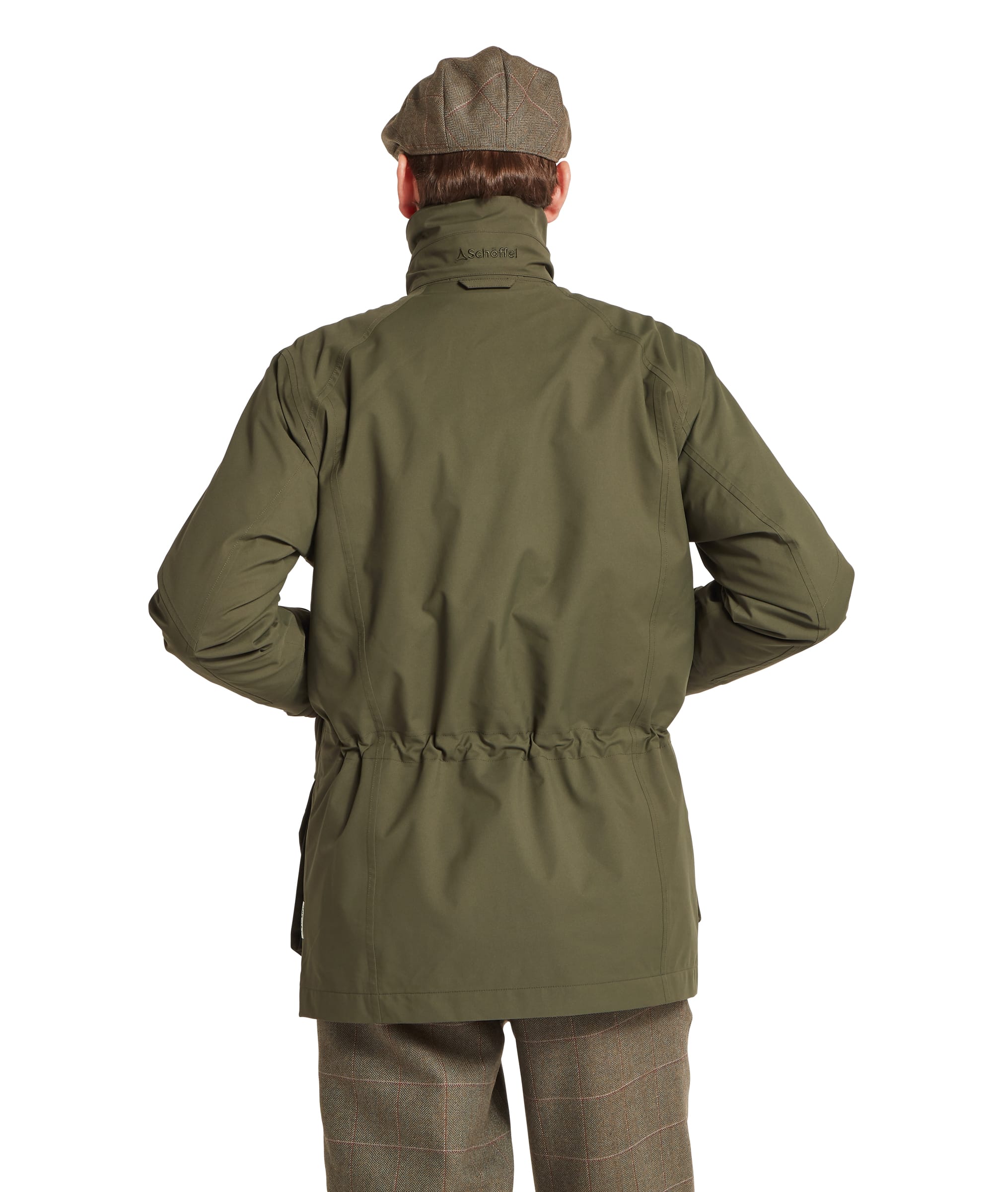 Schöffel Men's Snipe Ultralight Coat in dark olive green — rear view showing clean back panel, Schöffel logo at the nape, stowed hood compartment, elasticated back waist adjustment and articulated sleeve seaming, worn with tweed plus twos and a tweed flat cap