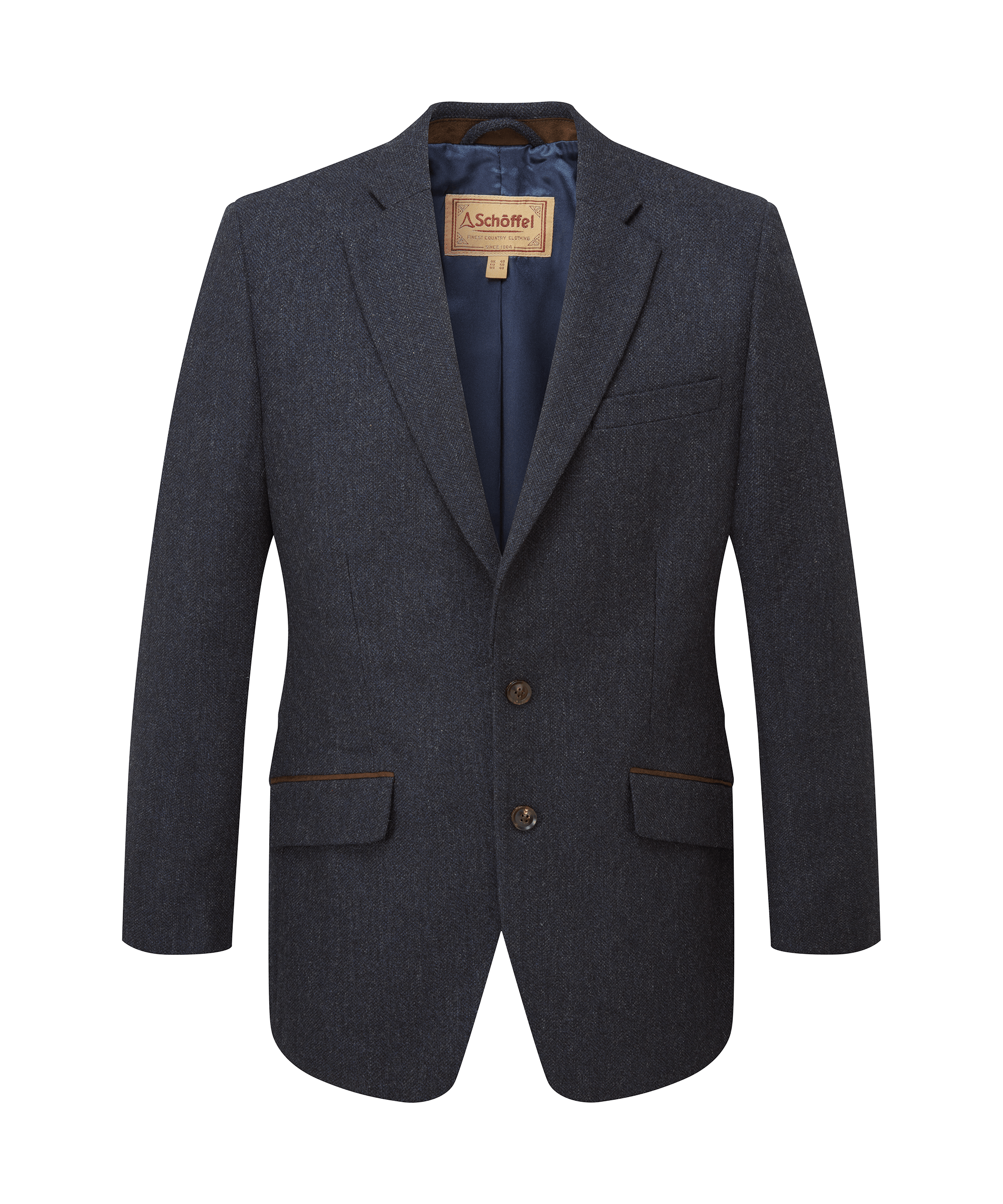Schöffel men's single-breasted sports jacket in dark charcoal tweed with a navy lining, two-button front and branded patch label