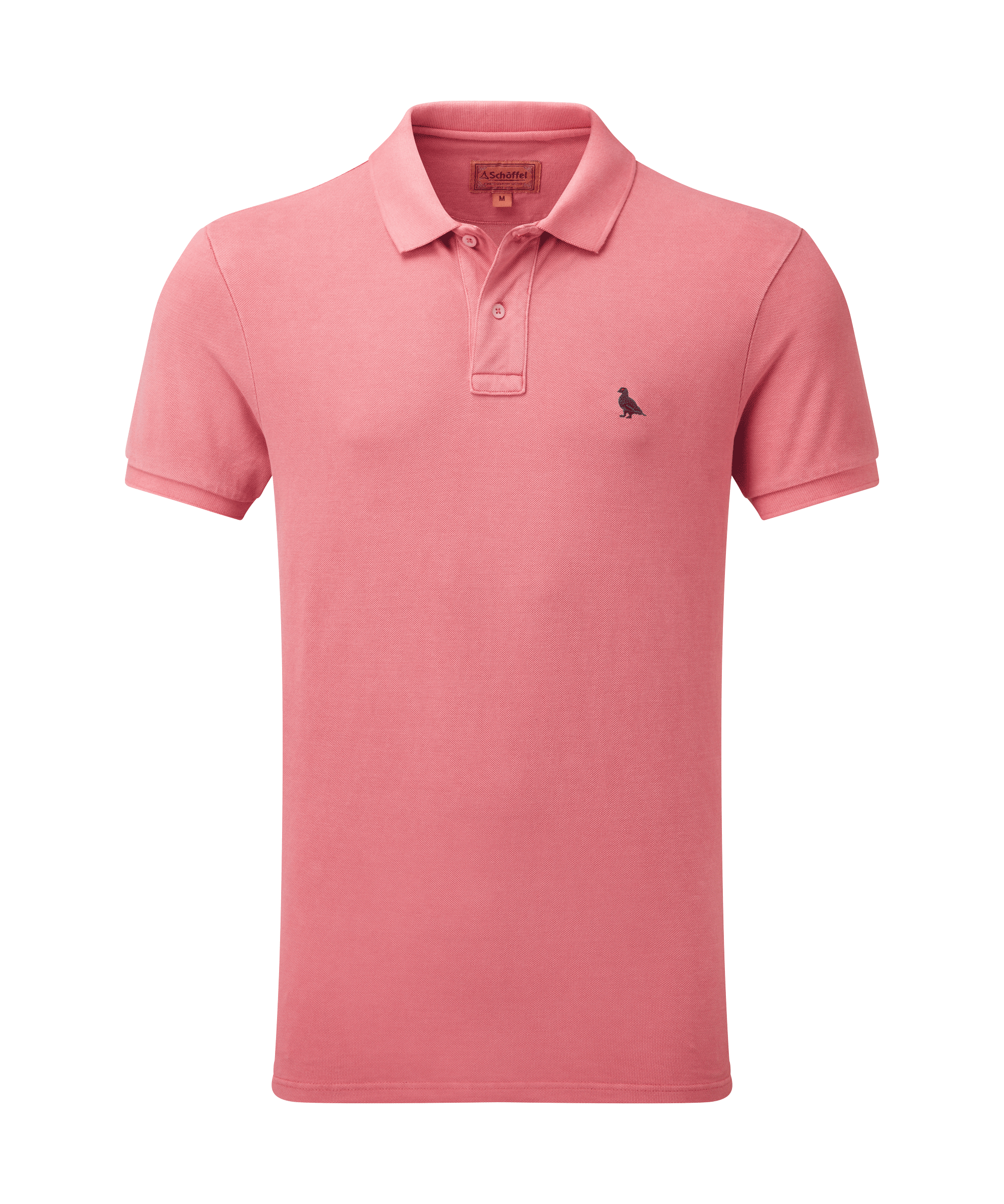 Schöffel Men's St Ives Garment Dyed Polo Shirt in coral pink, cutout front view, short-sleeve pique polo with embroidered grouse motif