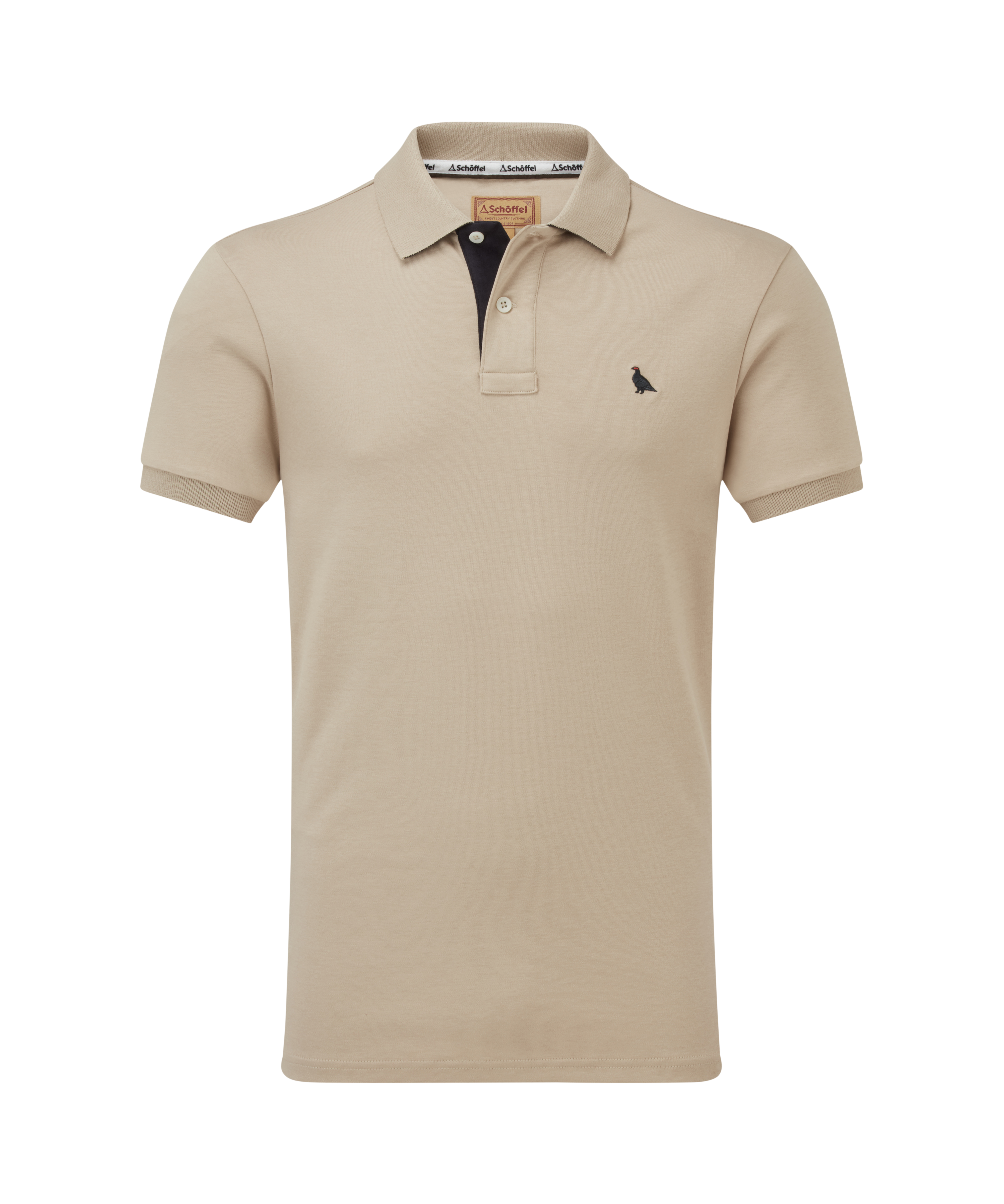 Beige polo shirt with a small navy  ptarmigan logo on a white background