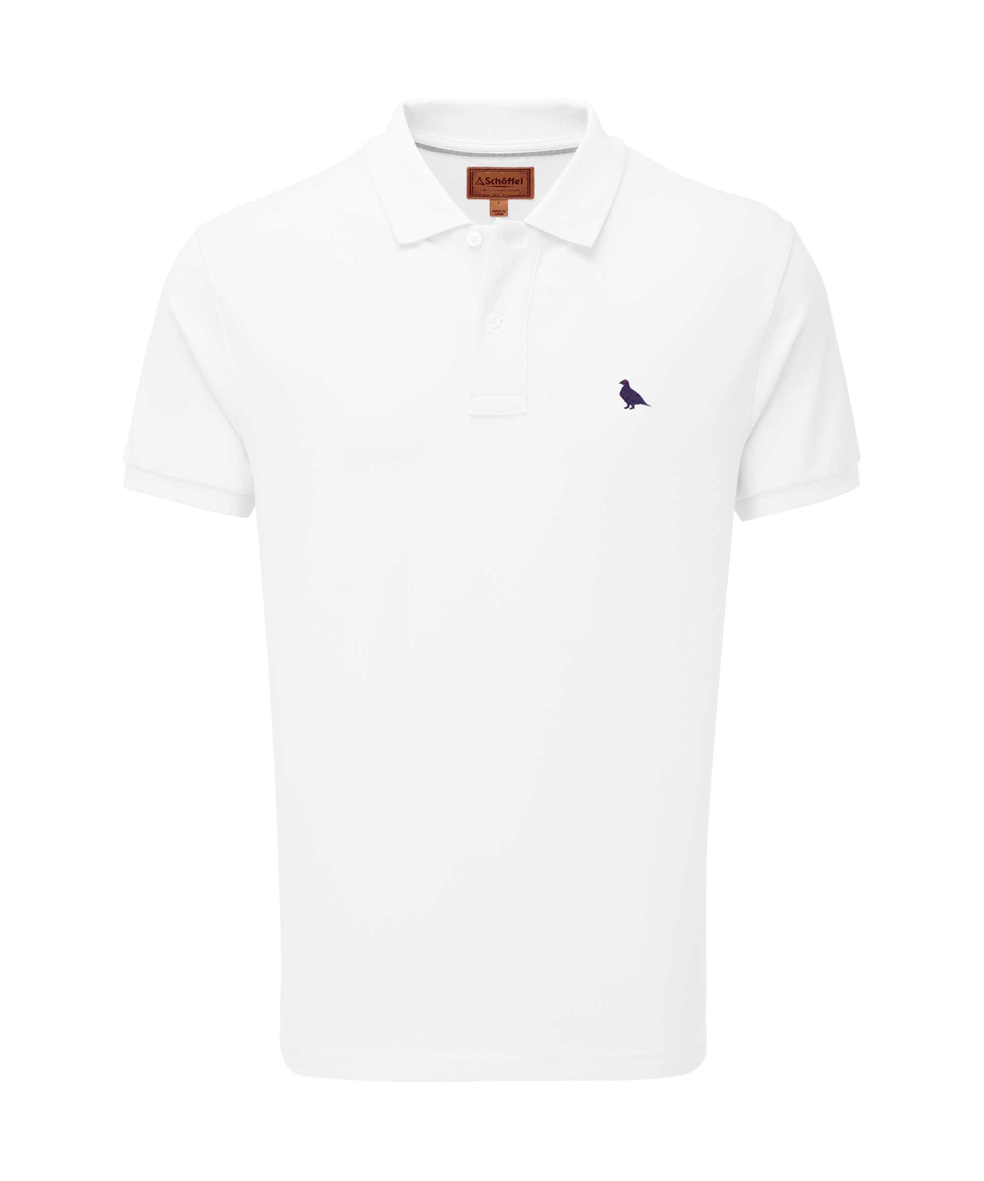 Schöffel Men's St Ives Polo Shirt in white, cutout front view, short-sleeve pique polo with two-button placket and embroidered grouse motif