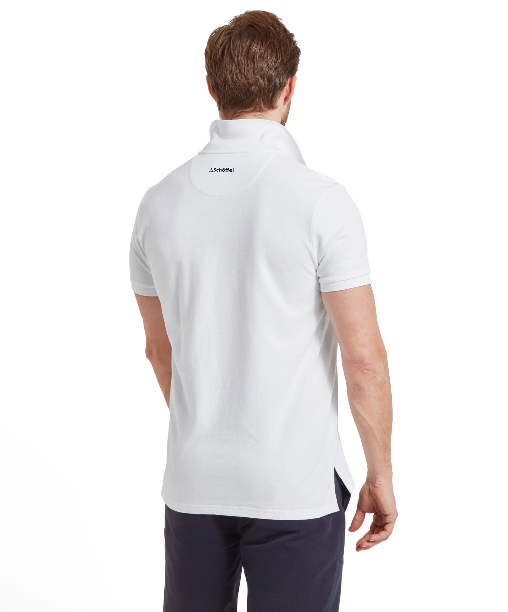 Schöffel Men's St Ives Polo Shirt in white, back view on model showing Schöffel neck branding