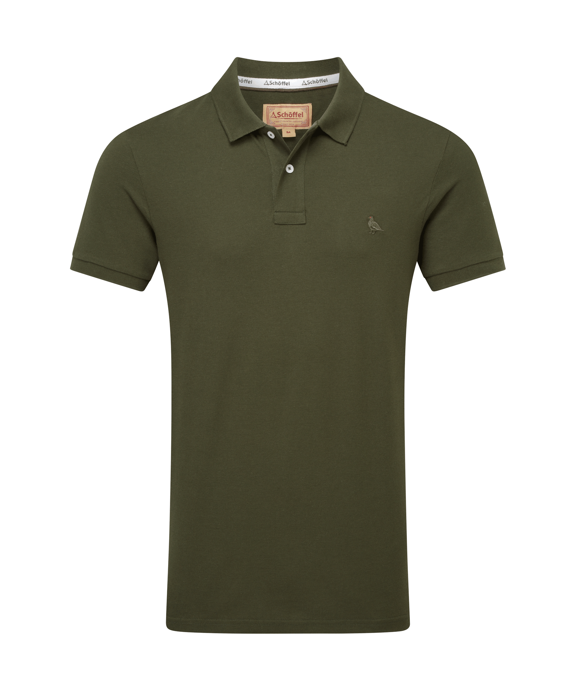 Schöffel Men's St Ives Polo Shirt in green, cutout front view, short-sleeve pique polo with two-button placket and embroidered grouse motif