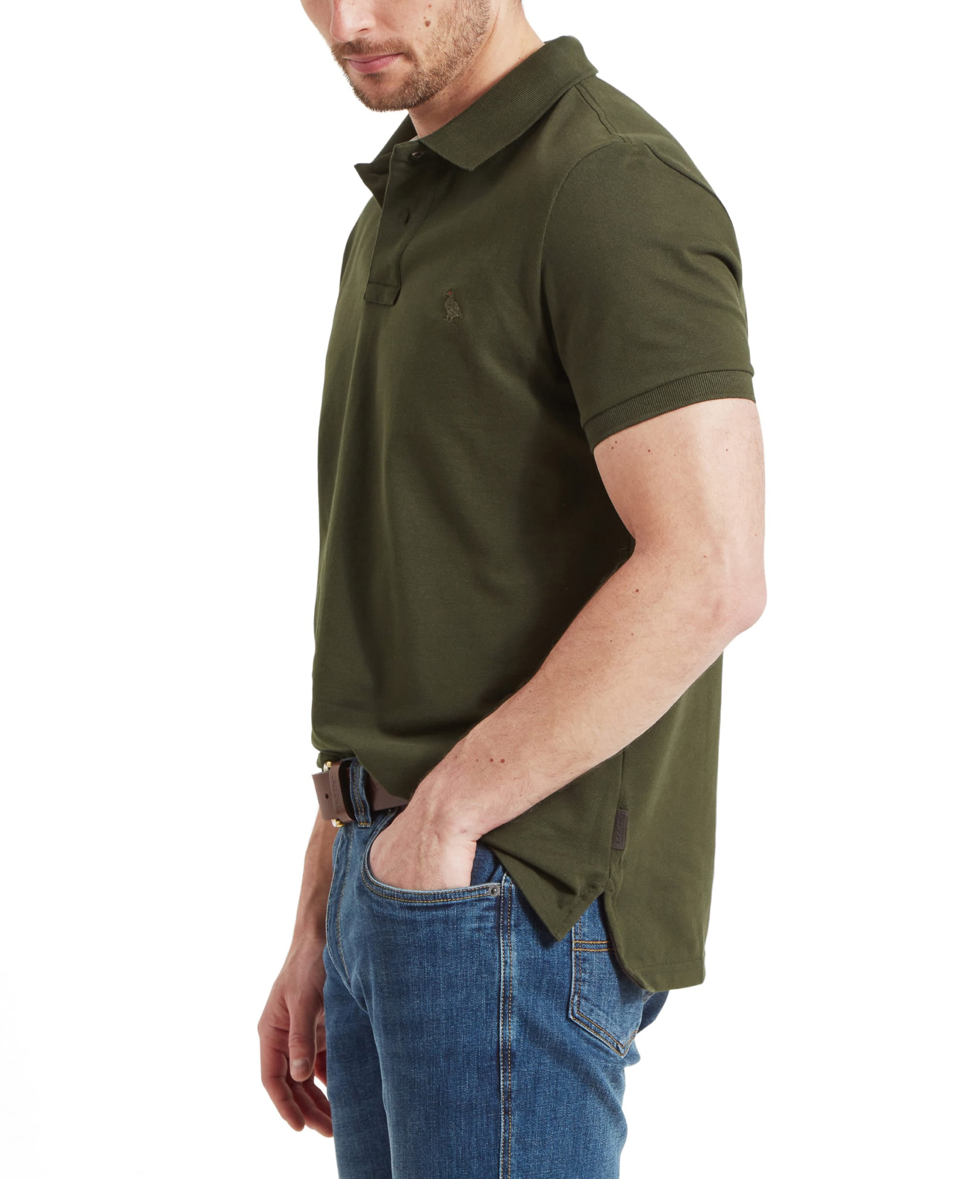 Schöffel Men's St Ives Polo Shirt in olive green, side profile on model styled with denim jeans and belt
