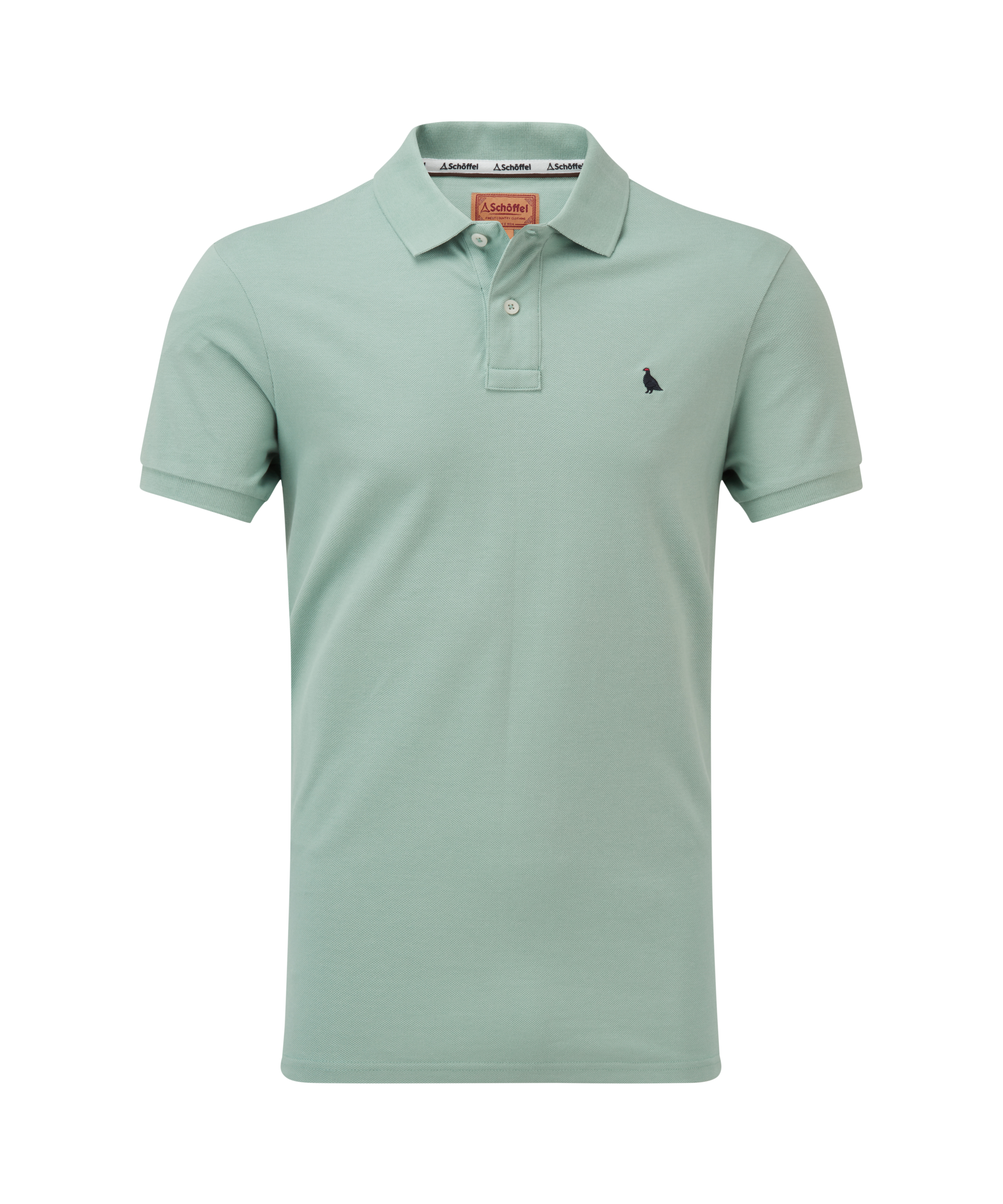 Light green polo shirt with a small  navy ptarmigan logo on a white background
