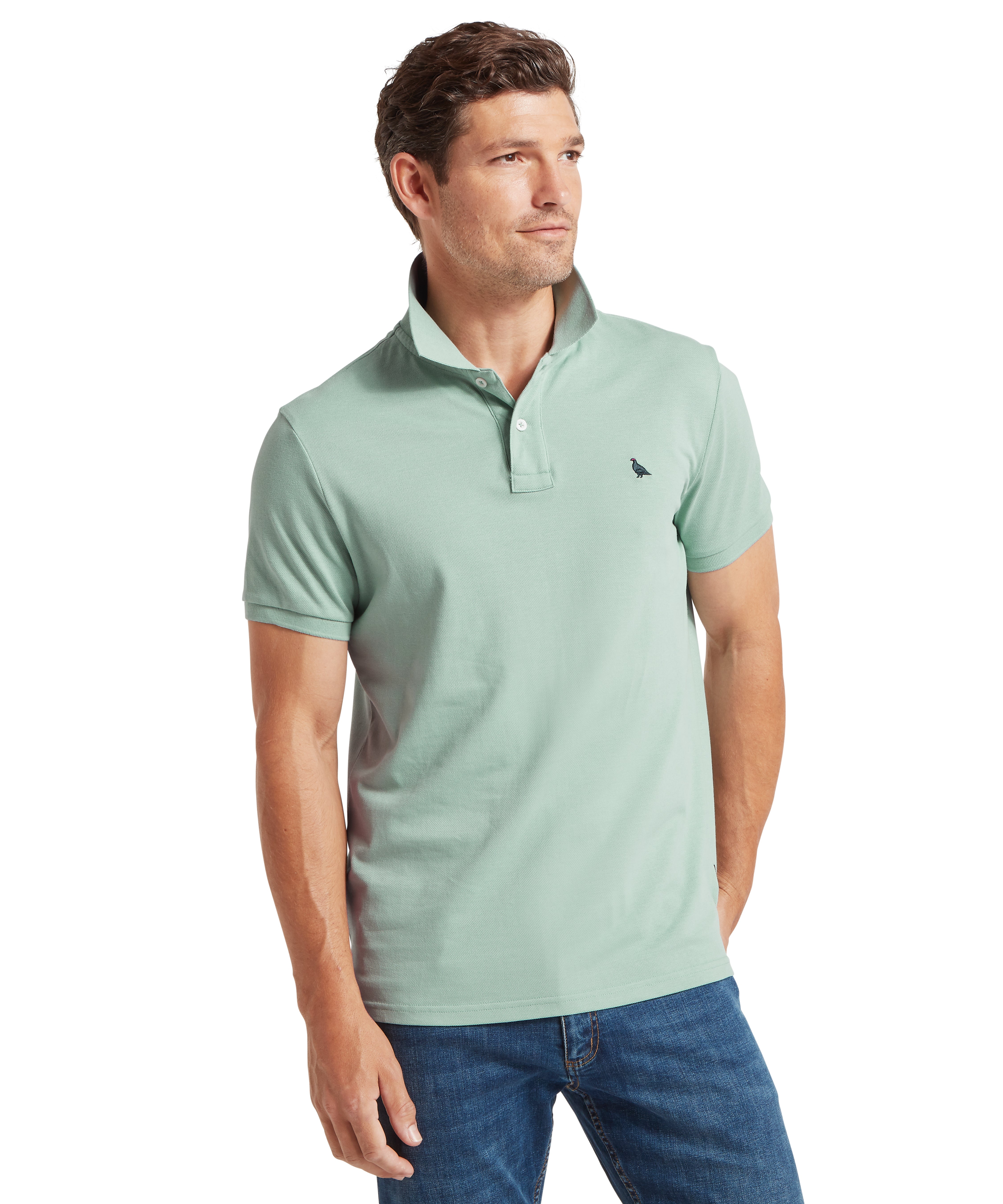 Man wearing a light green polo shirt with a small Ptarmigan logo against a white background
