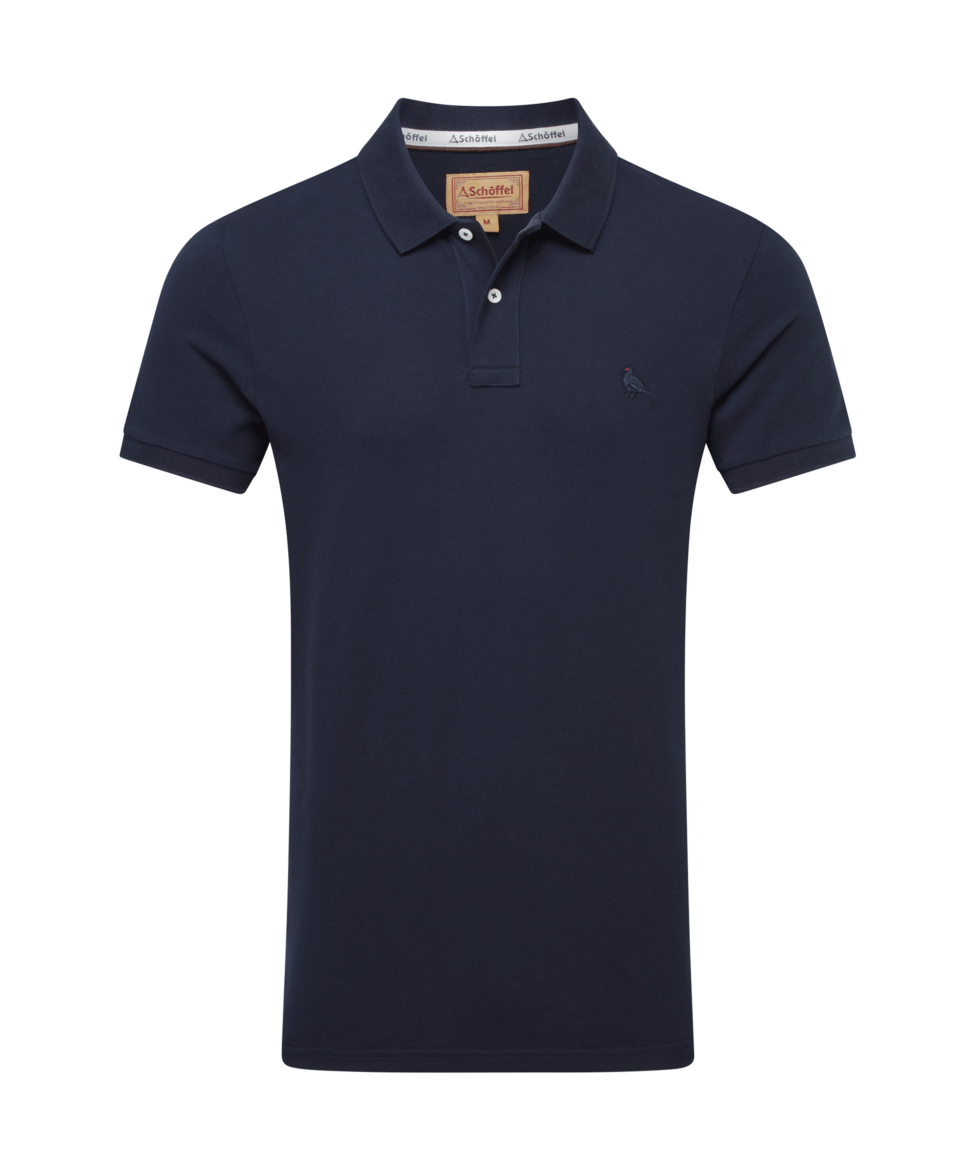 Schöffel Men's St Ives Polo Shirt in navy, cutout front view, short-sleeve pique polo with two-button placket and embroidered grouse motif