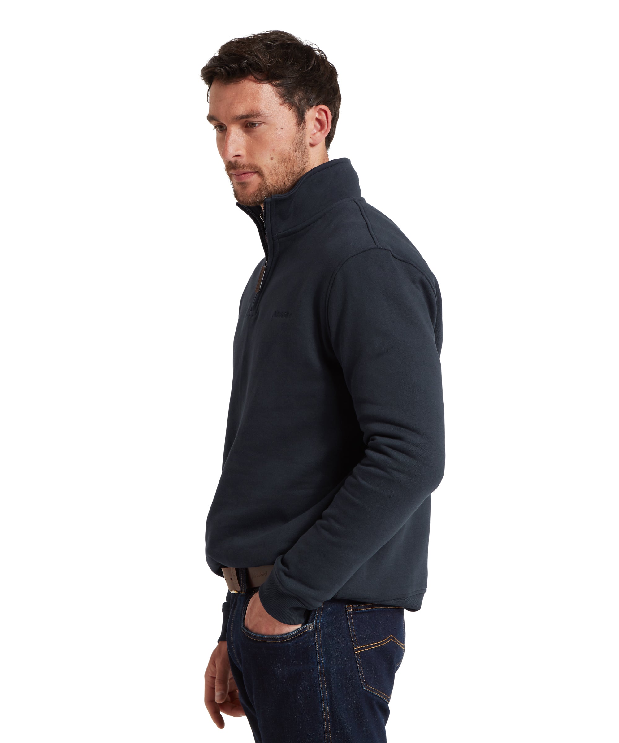 Man wearing a navy blue sweatshirt on a white background