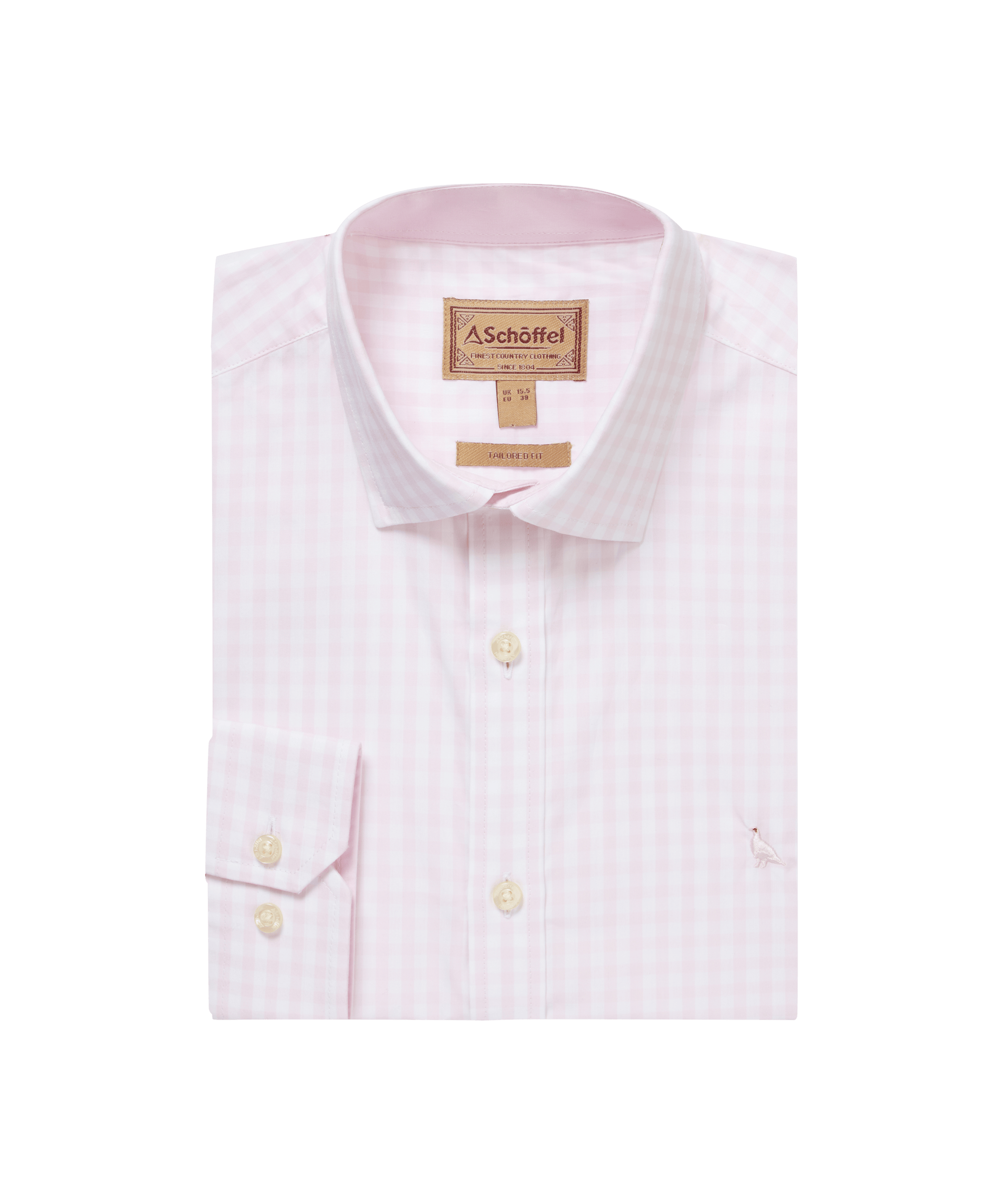Folded pink and white checkered shirt with a brand label on a white background