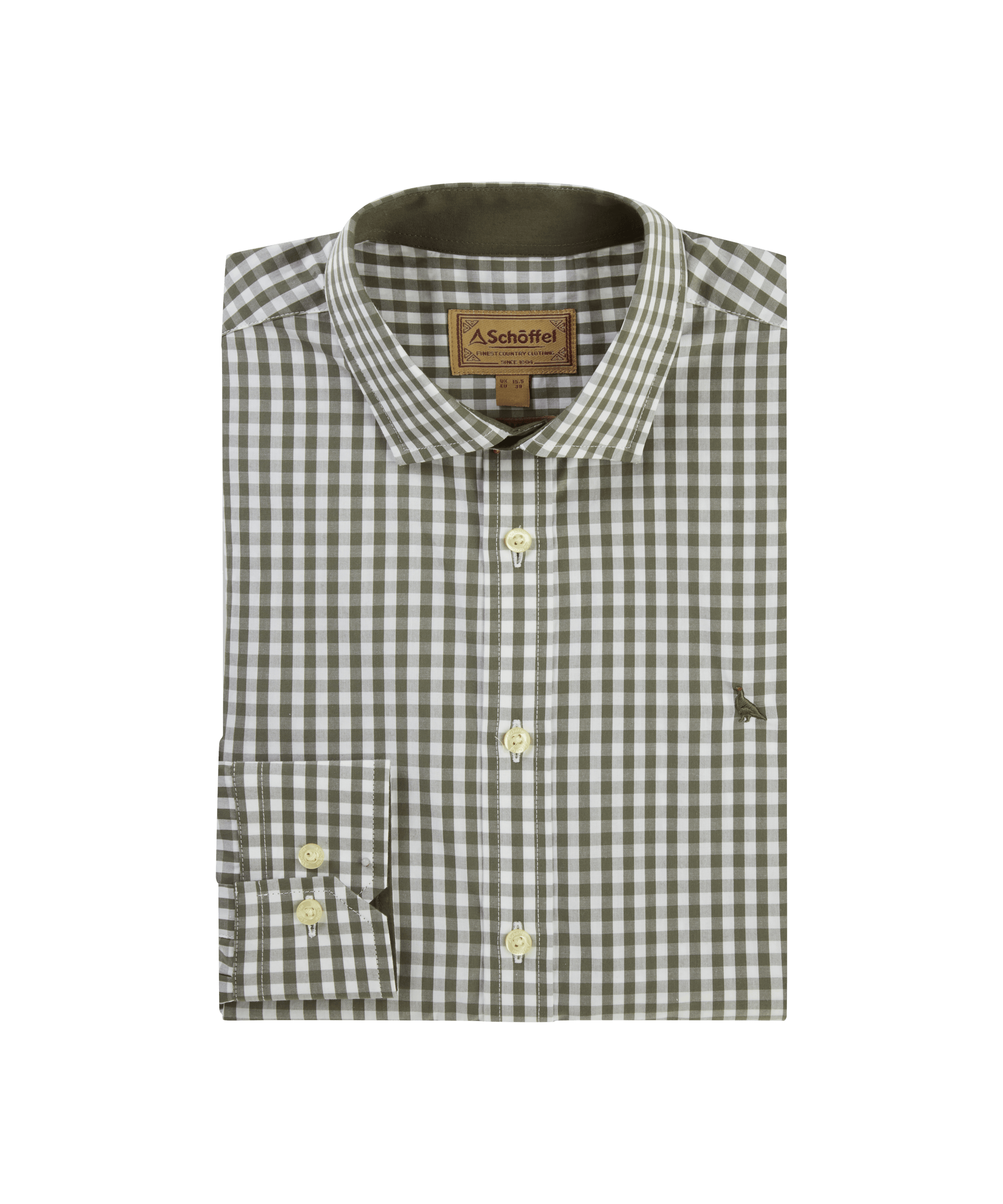 Folded green and white checkered shirt with a brand label on a white background