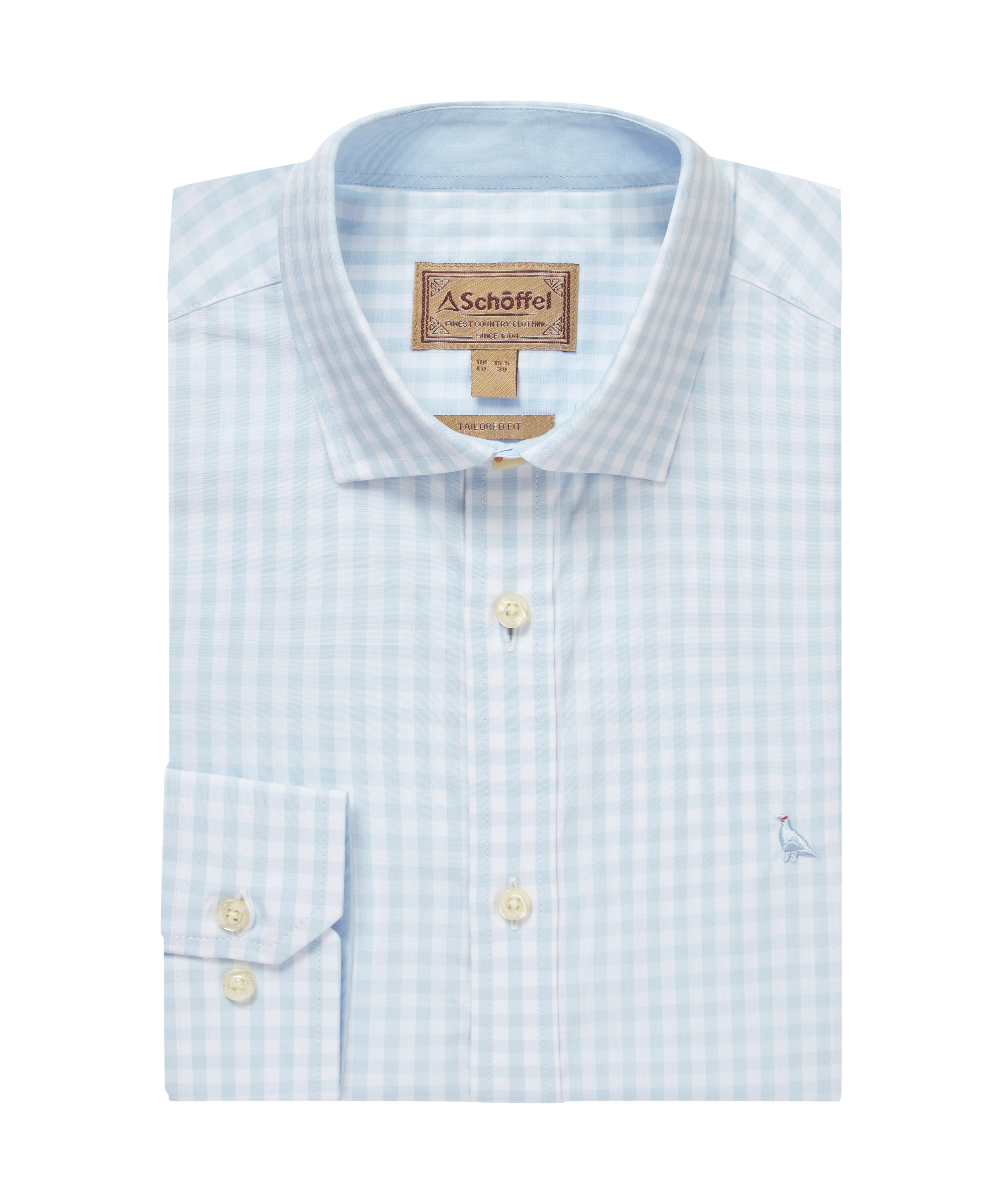 Light blue checked shirt with a ptarmigan logo on a white background
