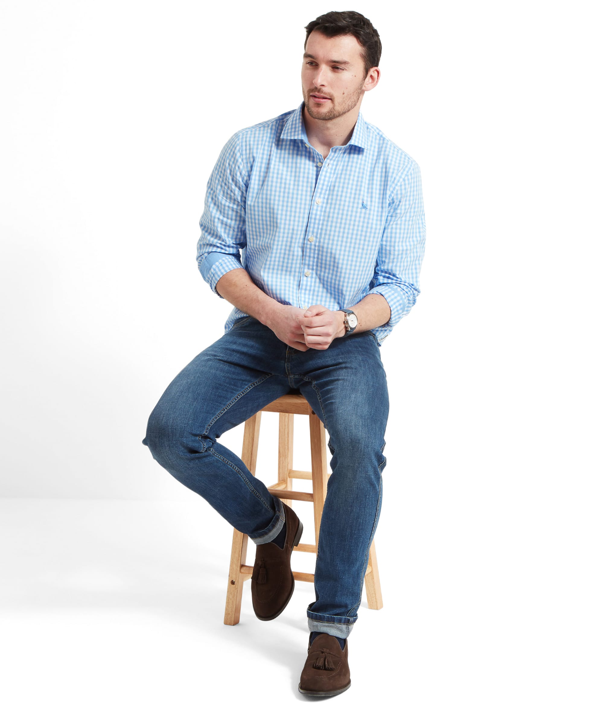 blue checkered dress shirt outfit Light Blue Tonal Pique Check Shirt